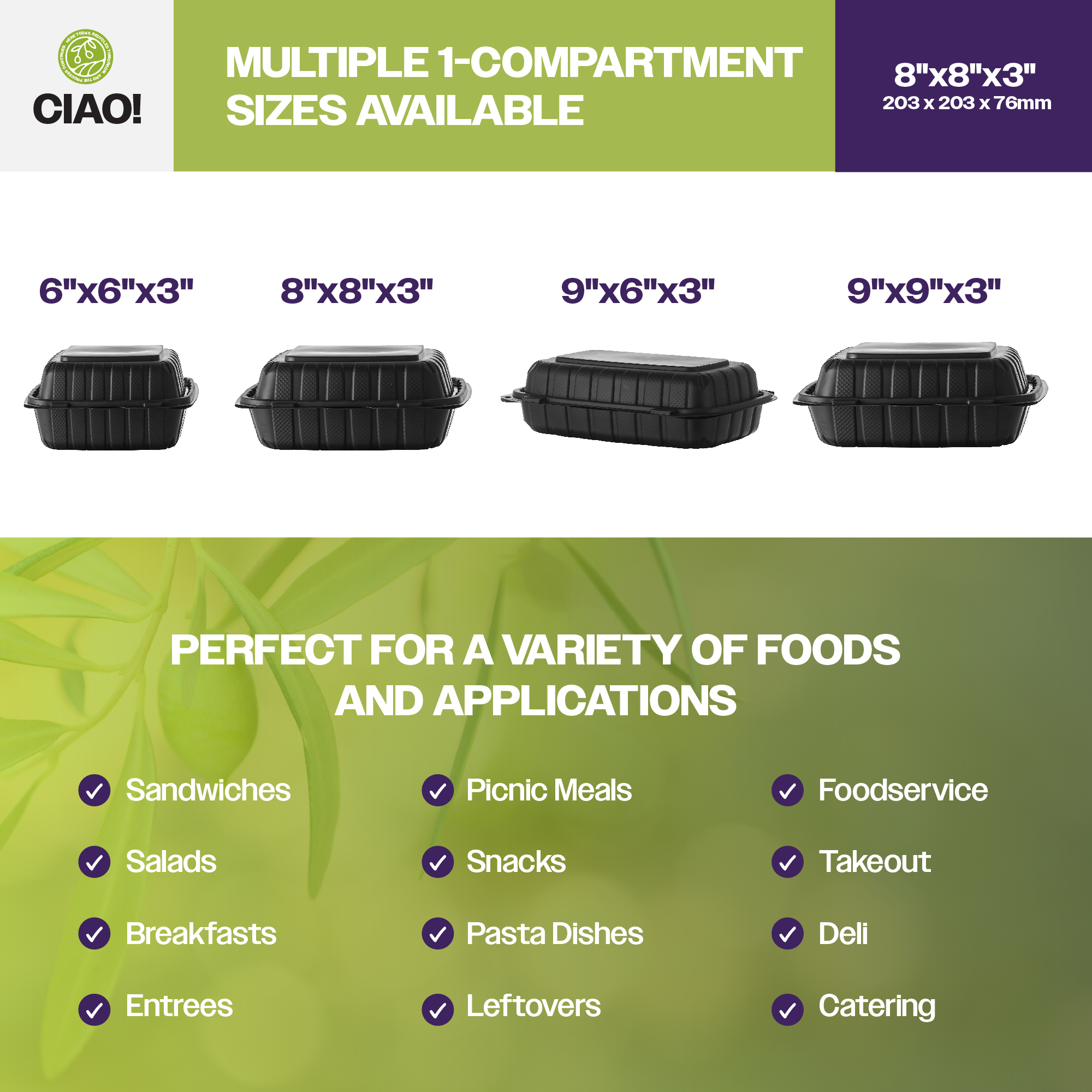 CIAO! 8"x8"X3" MFPP Black Hinged Container With Lid 1 Compartment (Case of 200) - Image 5