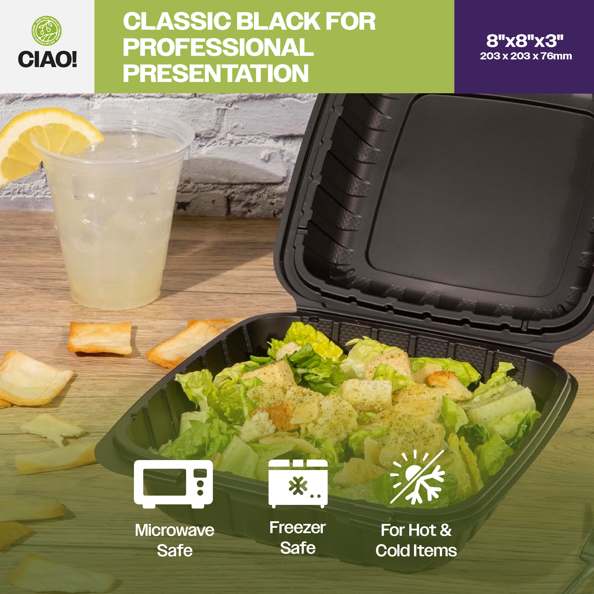 CIAO! 8"x8"X3" MFPP Black Hinged Container With Lid 1 Compartment (Case of 200) - Image 7
