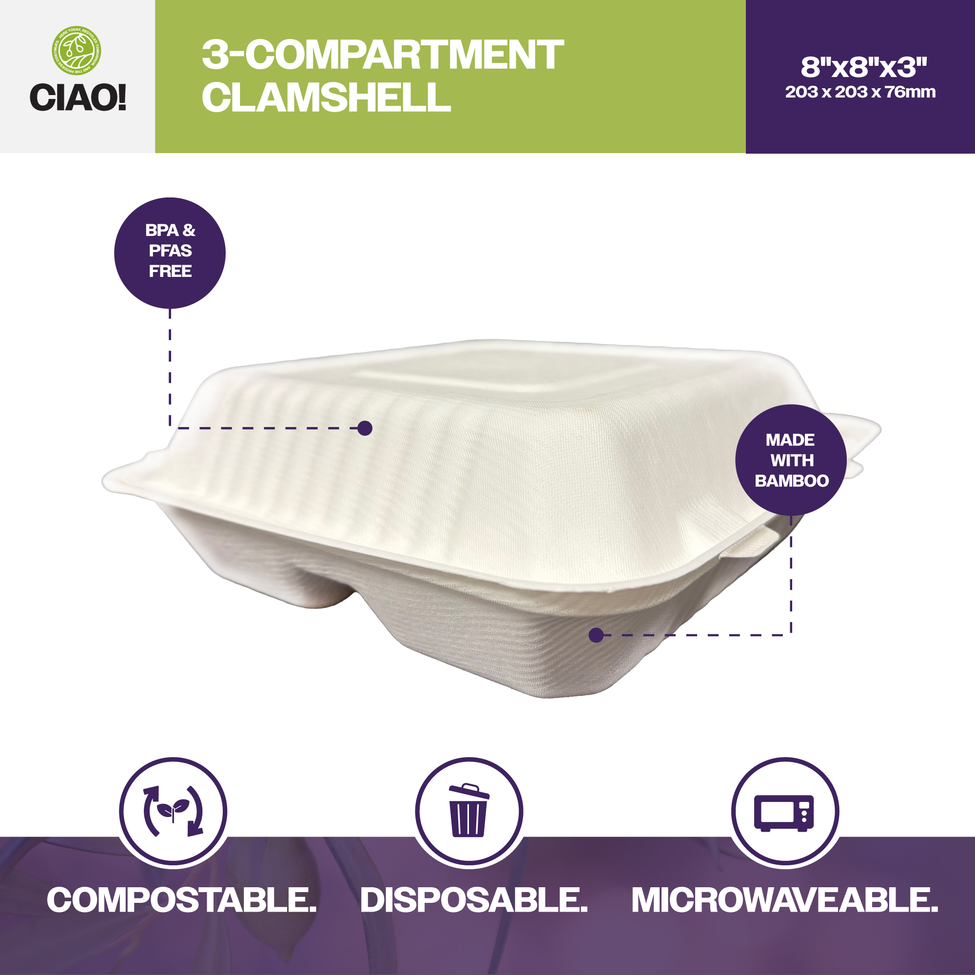 CIAO! 8"x8"x3" Clamshell 3 Compartment 100% Compostable Ecofriendly PFAS Free Unbleached Bagasse Natural White (200/case) - Image 3