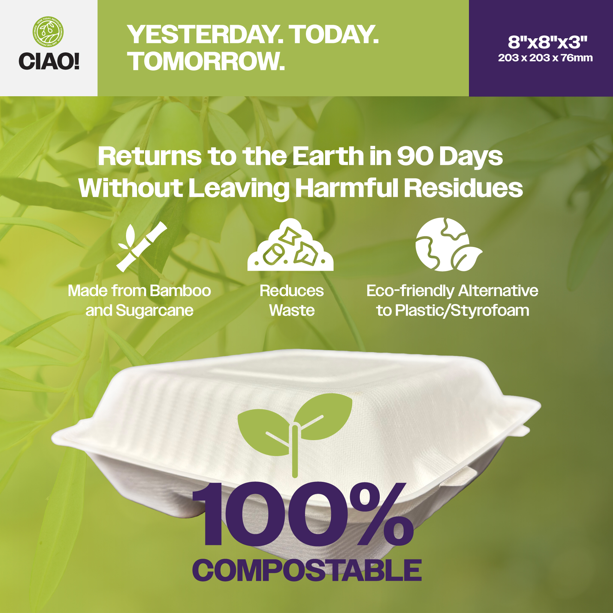CIAO! 8"x8"x3" Clamshell 3 Compartment 100% Compostable Ecofriendly PFAS Free Unbleached Bagasse Natural White (200/case) - Image 4