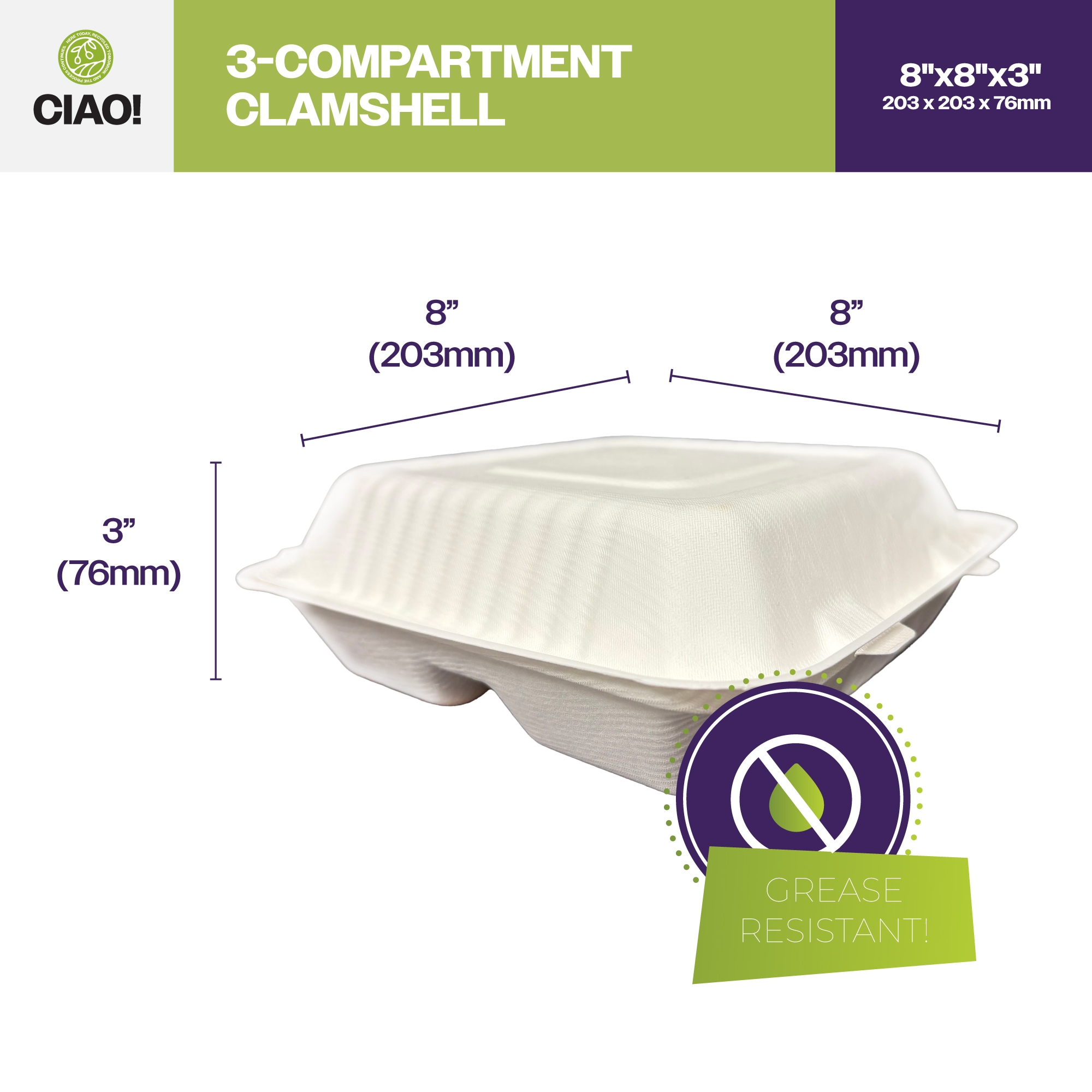 CIAO! 8"x8"x3" Clamshell 3 Compartment 100% Compostable Ecofriendly PFAS Free Unbleached Bagasse Natural White (200/case) - Image 2