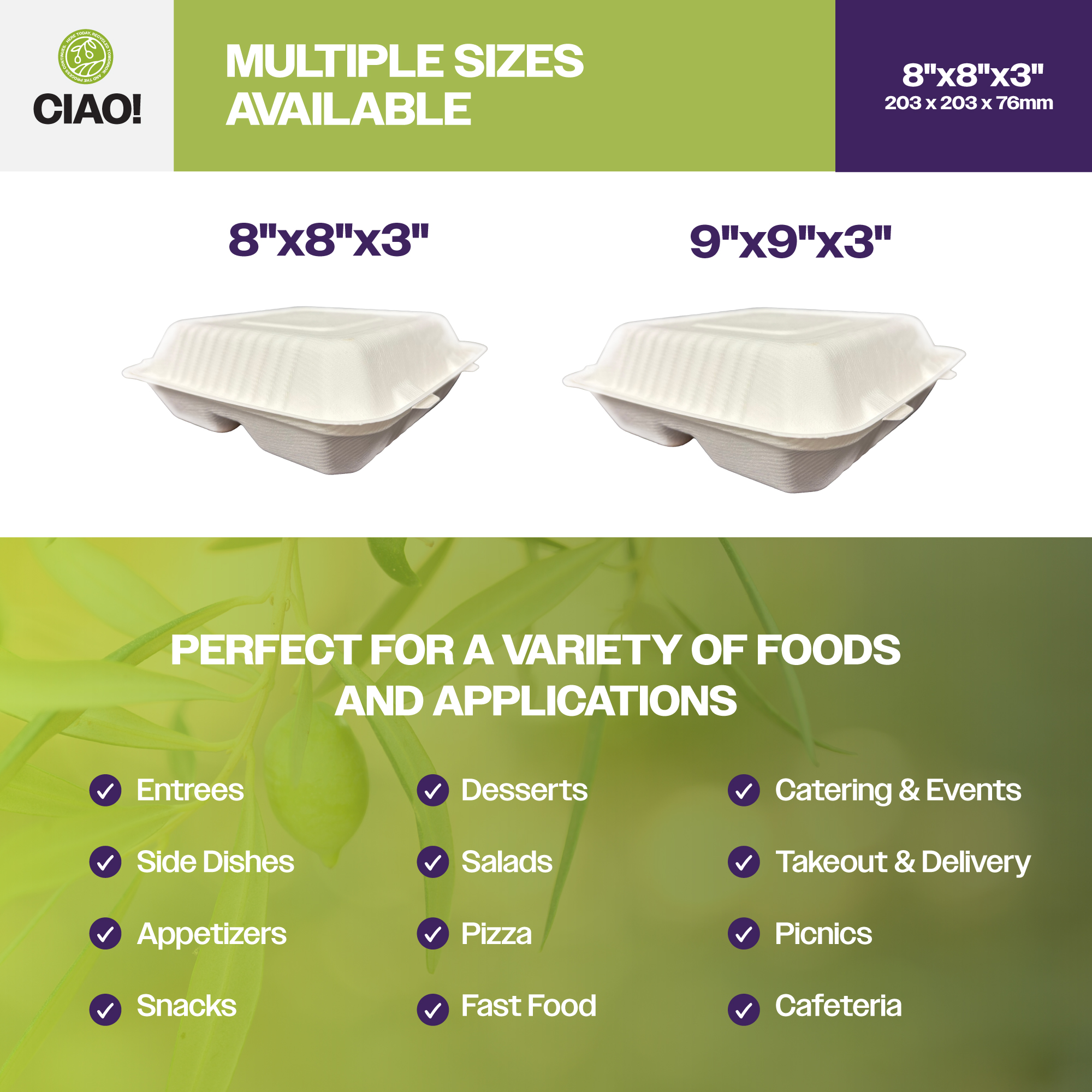 CIAO! 8"x8"x3" Clamshell 3 Compartment 100% Compostable Ecofriendly PFAS Free Unbleached Bagasse Natural White (200/case) - Image 5