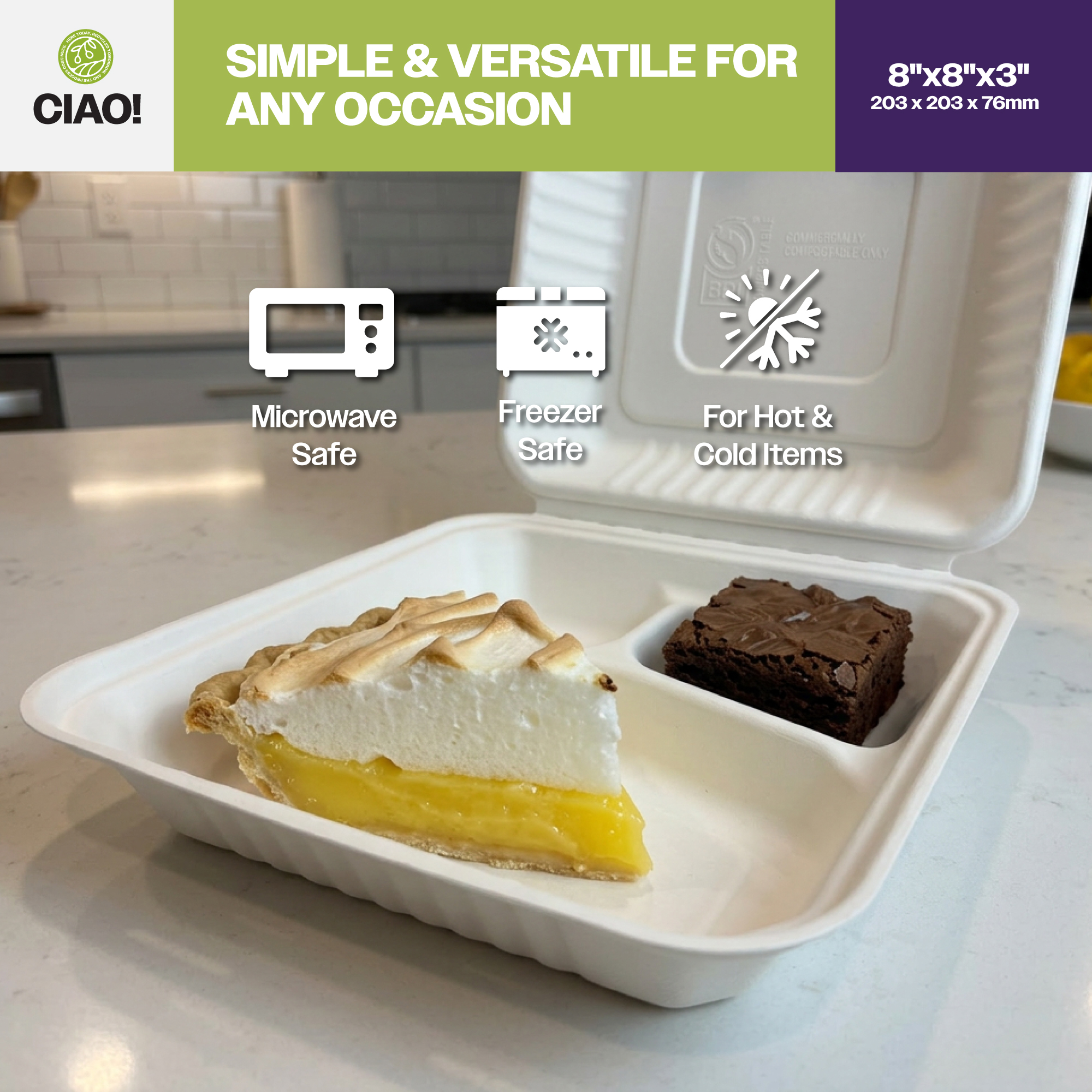 CIAO! 8"x8"x3" Clamshell 3 Compartment 100% Compostable Ecofriendly PFAS Free Unbleached Bagasse Natural White (200/case) - Image 7