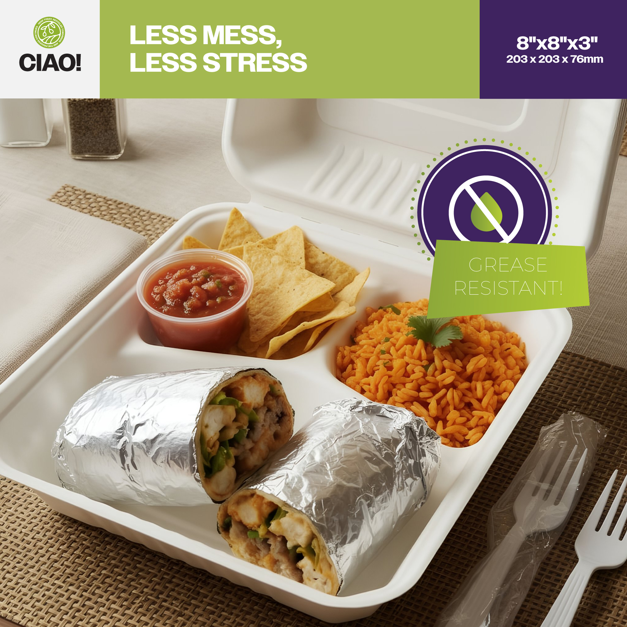 CIAO! 8"x8"x3" Clamshell 3 Compartment 100% Compostable Ecofriendly PFAS Free Unbleached Bagasse Natural White (200/case) - Image 6