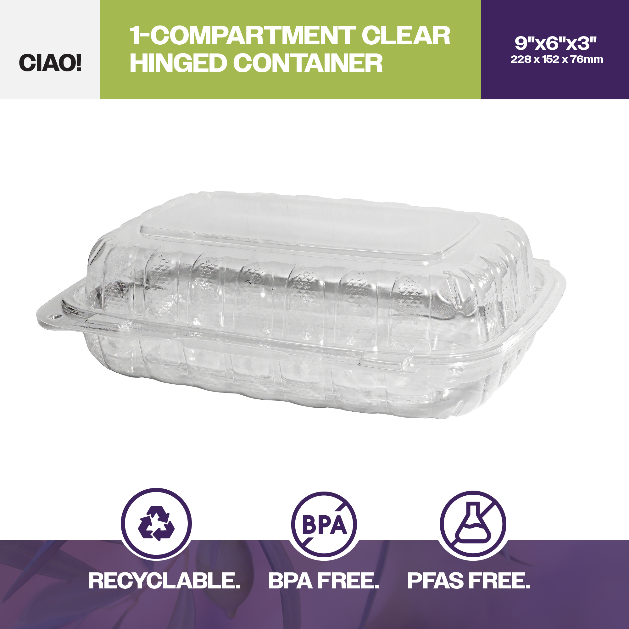 CIAO! 9"x6"x3" 1 Compartment PP Plastic Clear Hinged Container for Take Out (Case of 200) - Image 3