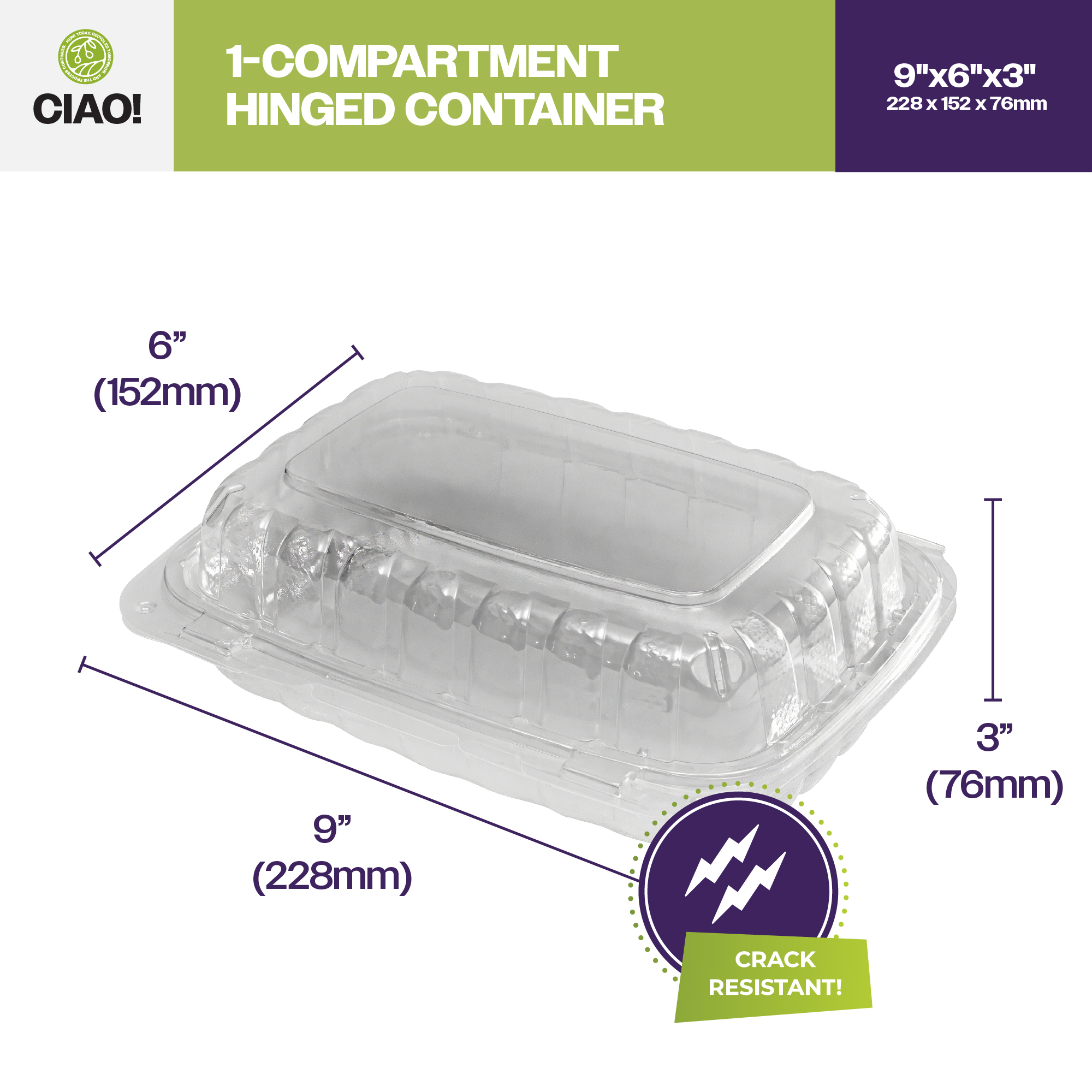 CIAO! 9"x6"x3" 1 Compartment PP Plastic Clear Hinged Container for Take Out (Case of 200) - Image 2