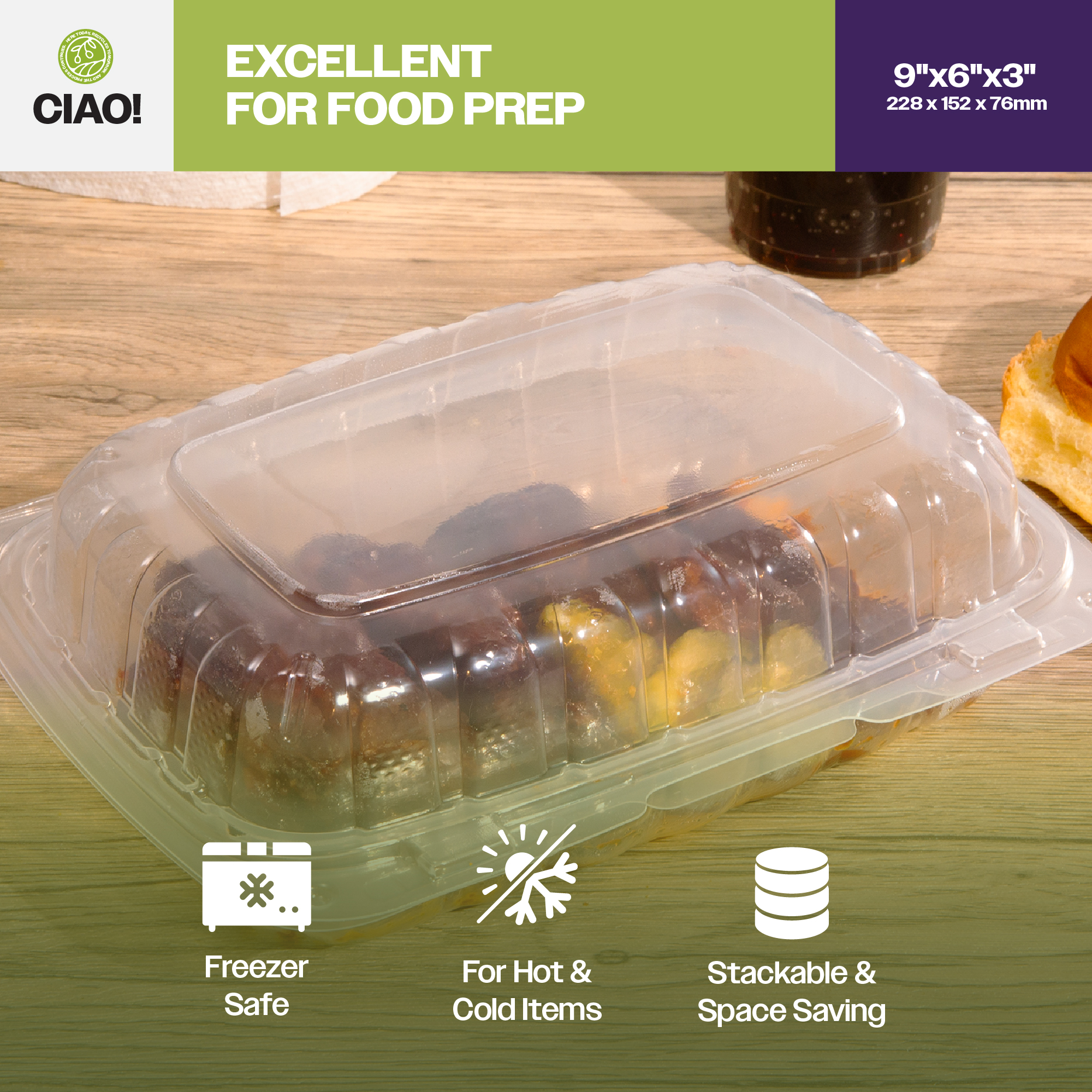 CIAO! 9"x6"x3" 1 Compartment PP Plastic Clear Hinged Container for Take Out (Case of 200) - Image 7