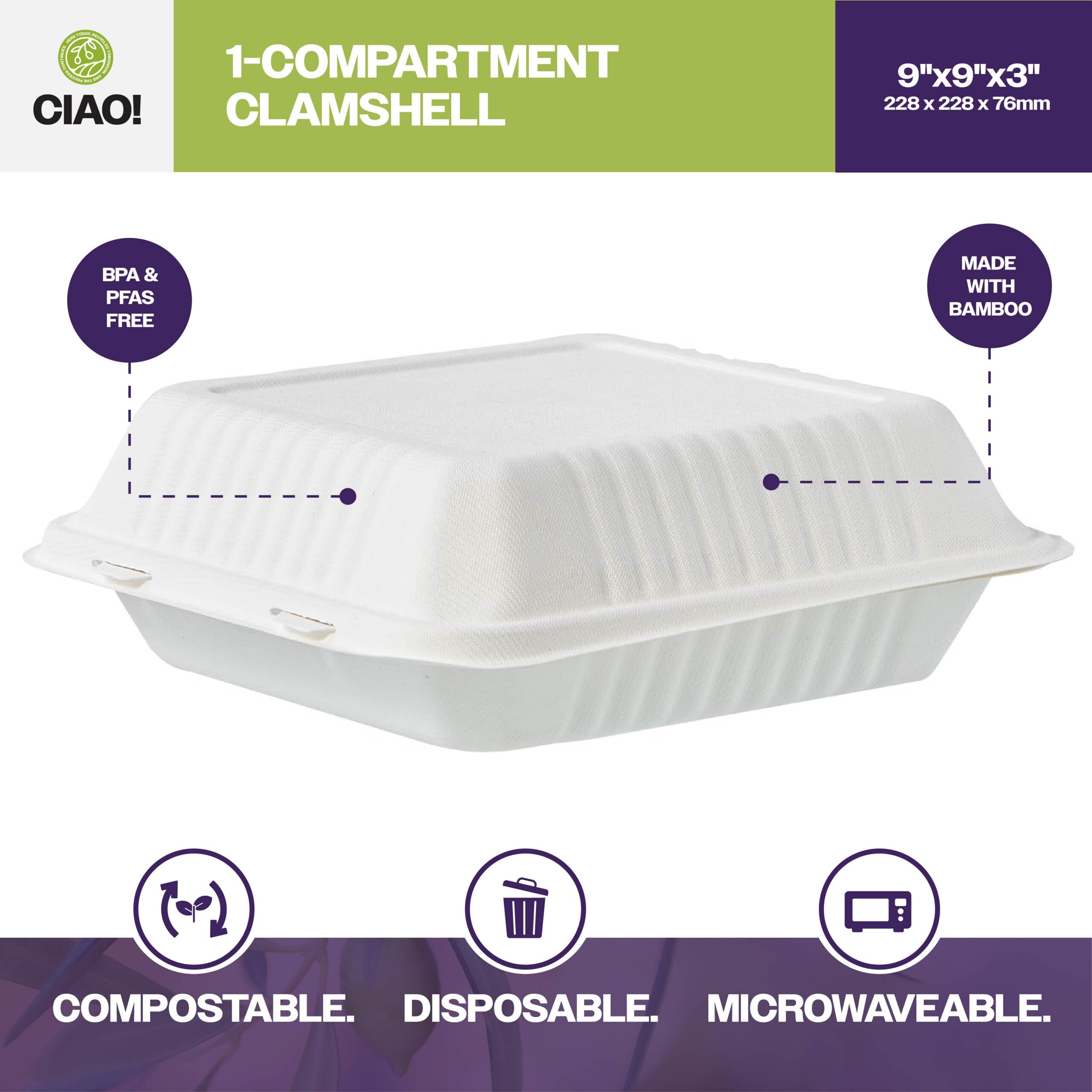 CIAO! 9"x9"x3" Clamshell 1 Compartment Containers 100% Compostable Ecofriendly PFAS Free Unbleached Bagasse Natural White(200/case) - Image 3