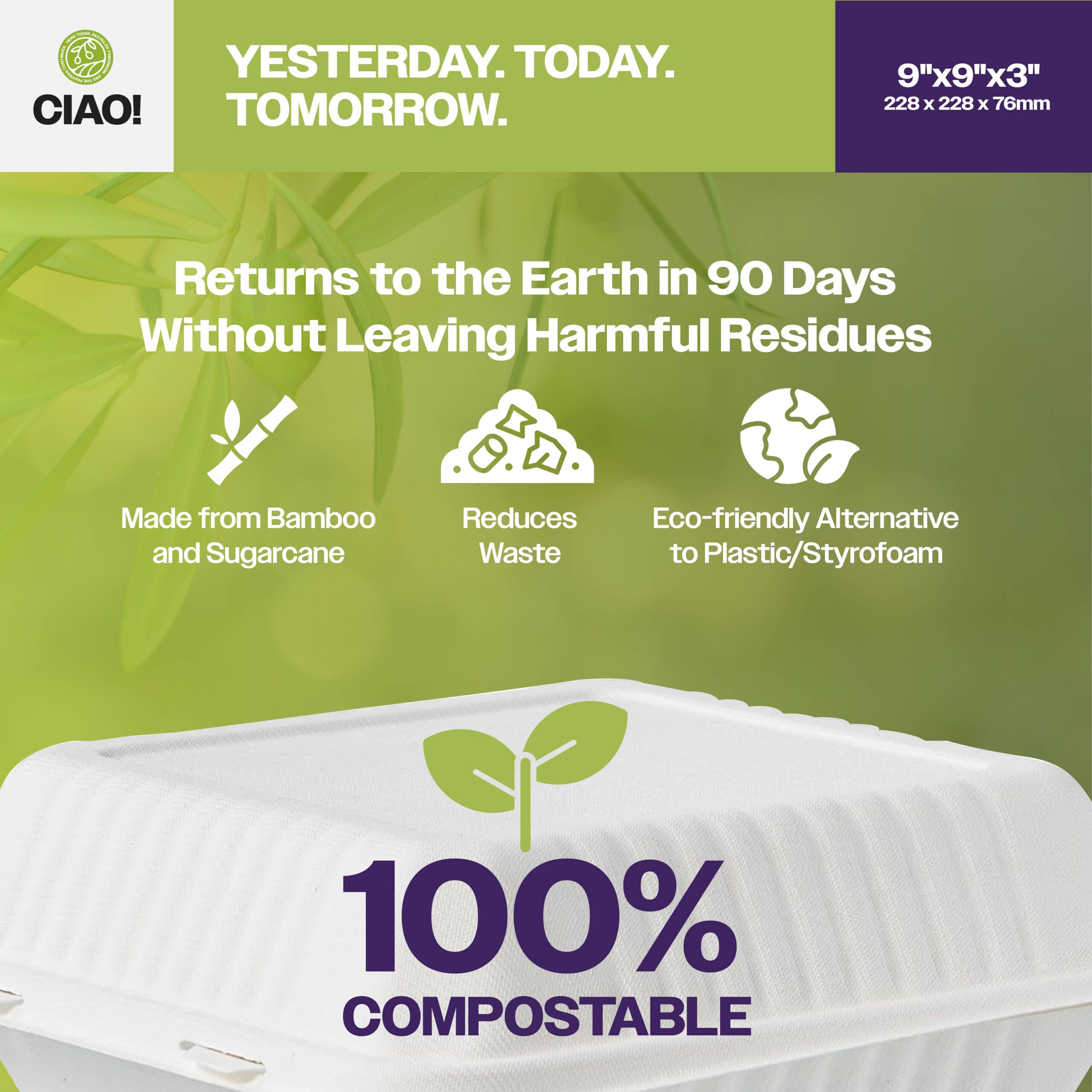 CIAO! 9"x9"x3" Clamshell 1 Compartment Containers 100% Compostable Ecofriendly PFAS Free Unbleached Bagasse Natural White(200/case) - Image 4
