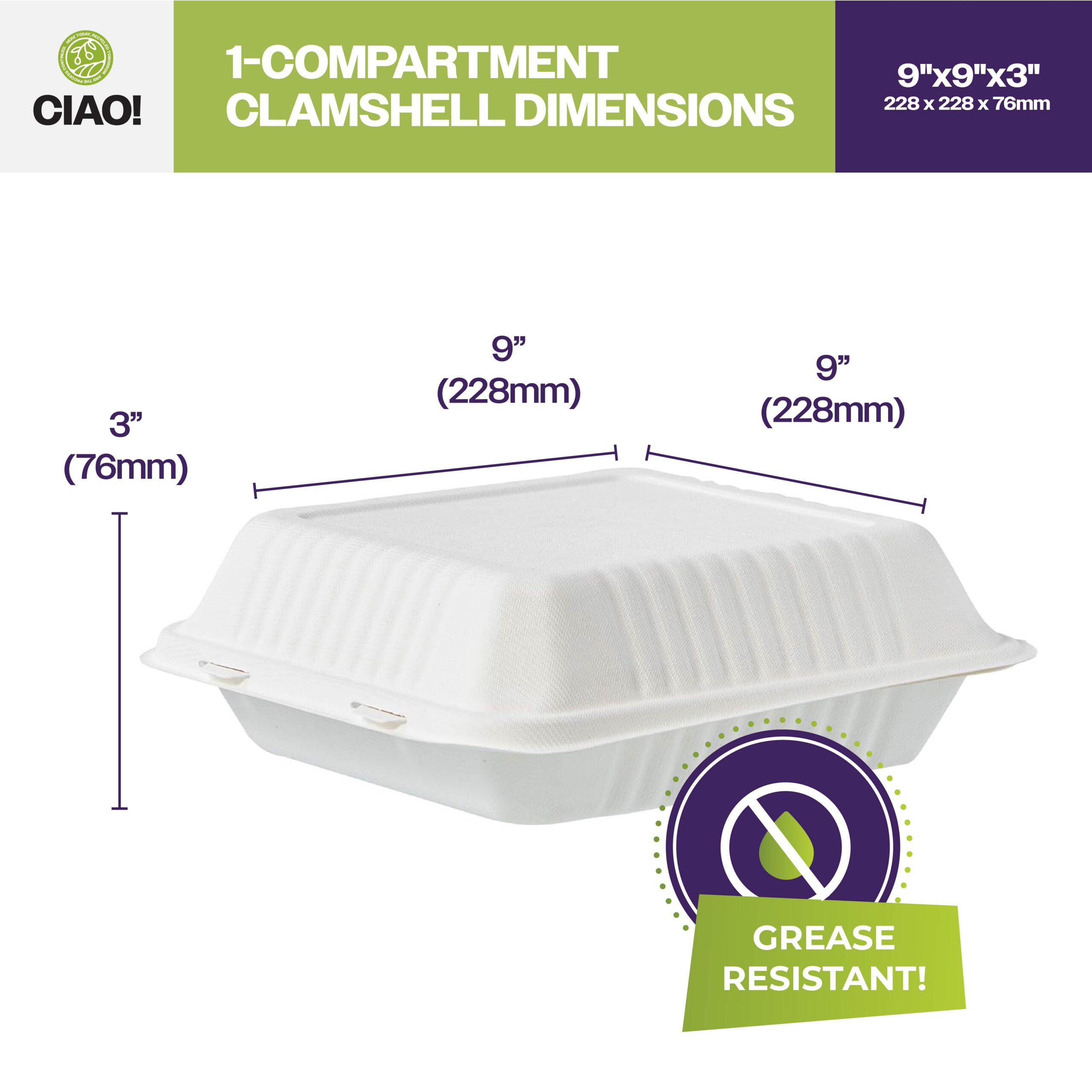 CIAO! 9"x9"x3" Clamshell 1 Compartment Containers 100% Compostable Ecofriendly PFAS Free Unbleached Bagasse Natural White(200/case) - Image 2