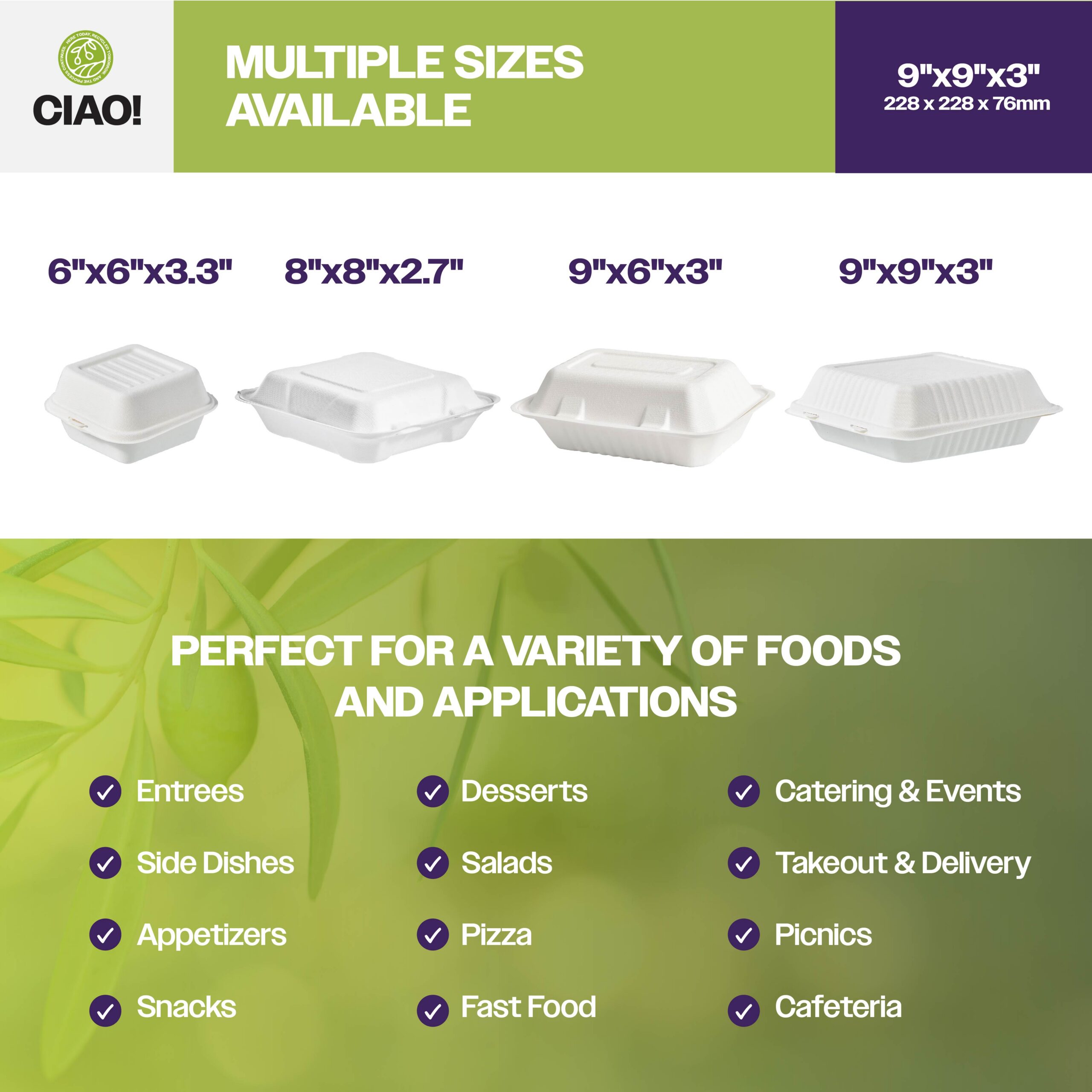 CIAO! 9"x9"x3" Clamshell 1 Compartment Containers 100% Compostable Ecofriendly PFAS Free Unbleached Bagasse Natural White(200/case) - Image 5