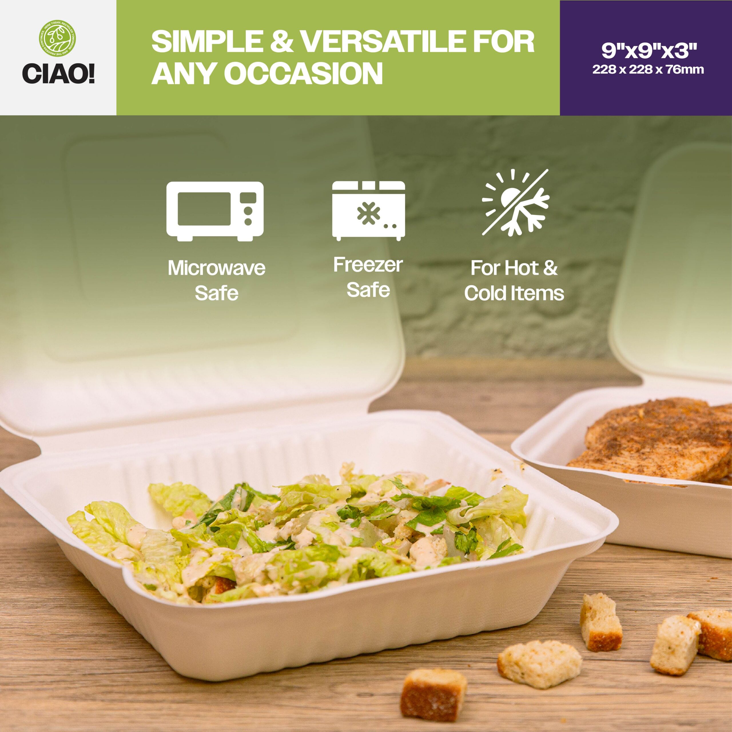 CIAO! 9"x9"x3" Clamshell 1 Compartment Containers 100% Compostable Ecofriendly PFAS Free Unbleached Bagasse Natural White(200/case) - Image 7
