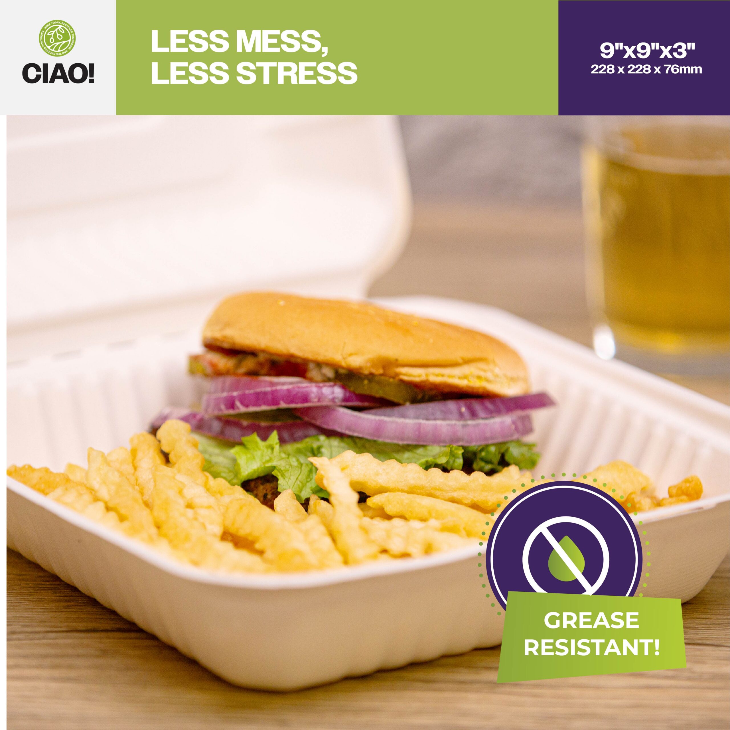 CIAO! 9"x9"x3" Clamshell 1 Compartment Containers 100% Compostable Ecofriendly PFAS Free Unbleached Bagasse Natural White(200/case) - Image 6