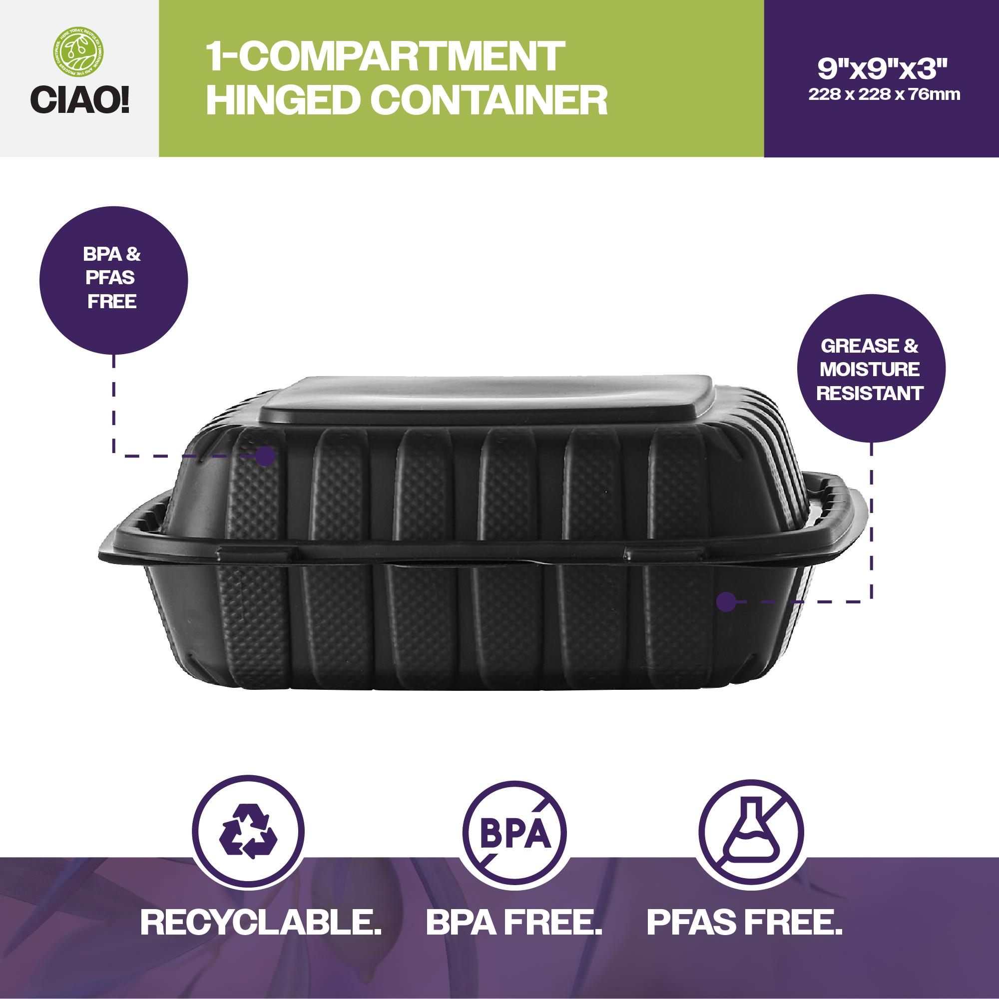 CIAO! 9"x9"x3" MFPP Black Hinged Container With Lid 1 Compartment (Case of 200) - Image 3