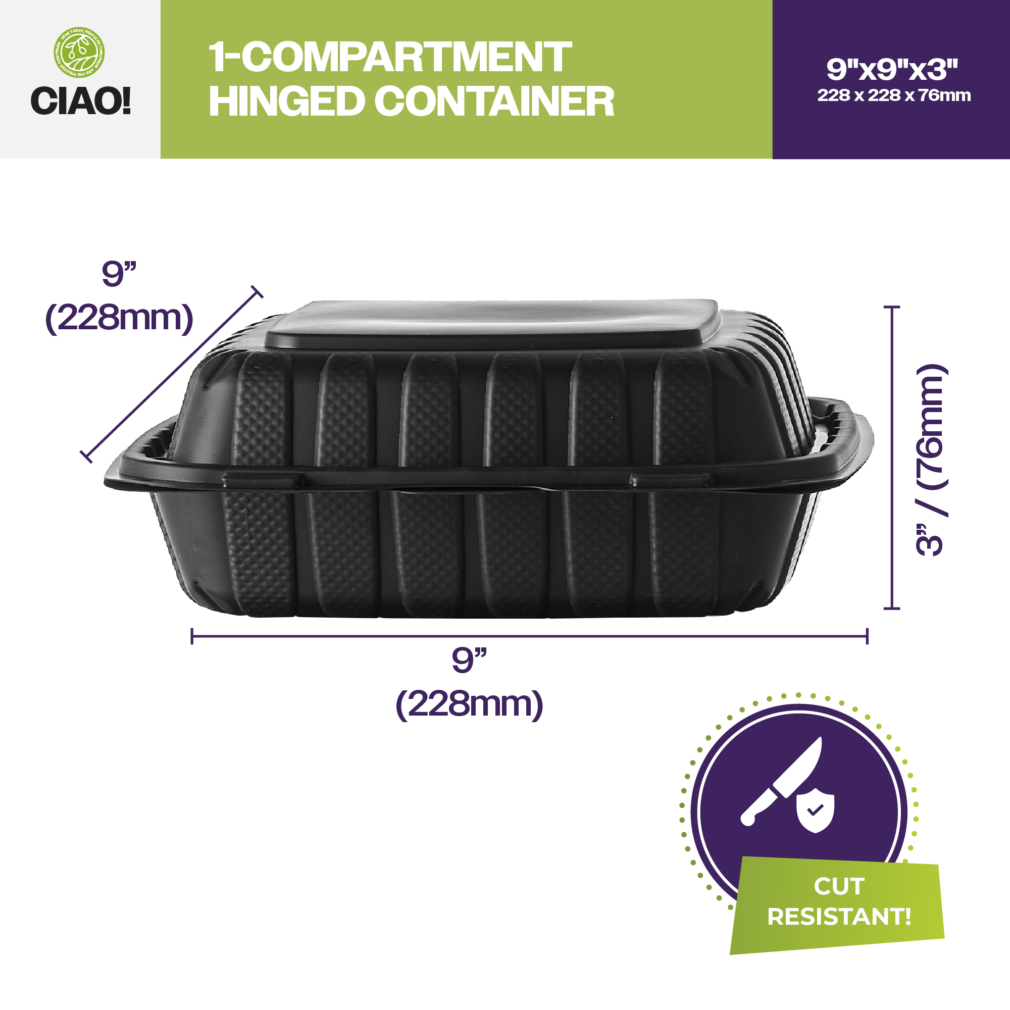 CIAO! 9"x9"x3" MFPP Black Hinged Container With Lid 1 Compartment (Case of 200) - Image 2