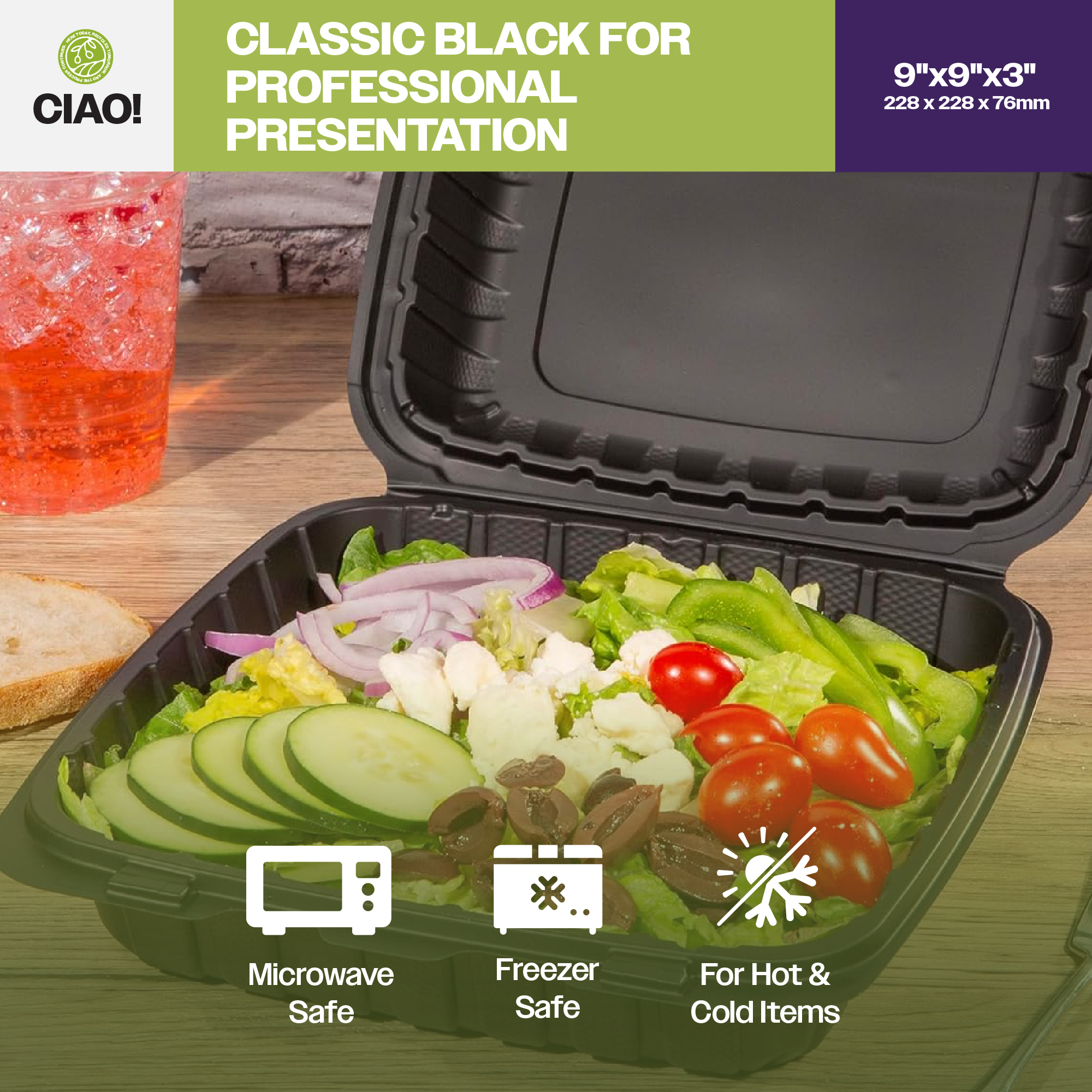 CIAO! 9"x9"x3" MFPP Black Hinged Container With Lid 1 Compartment (Case of 200) - Image 7
