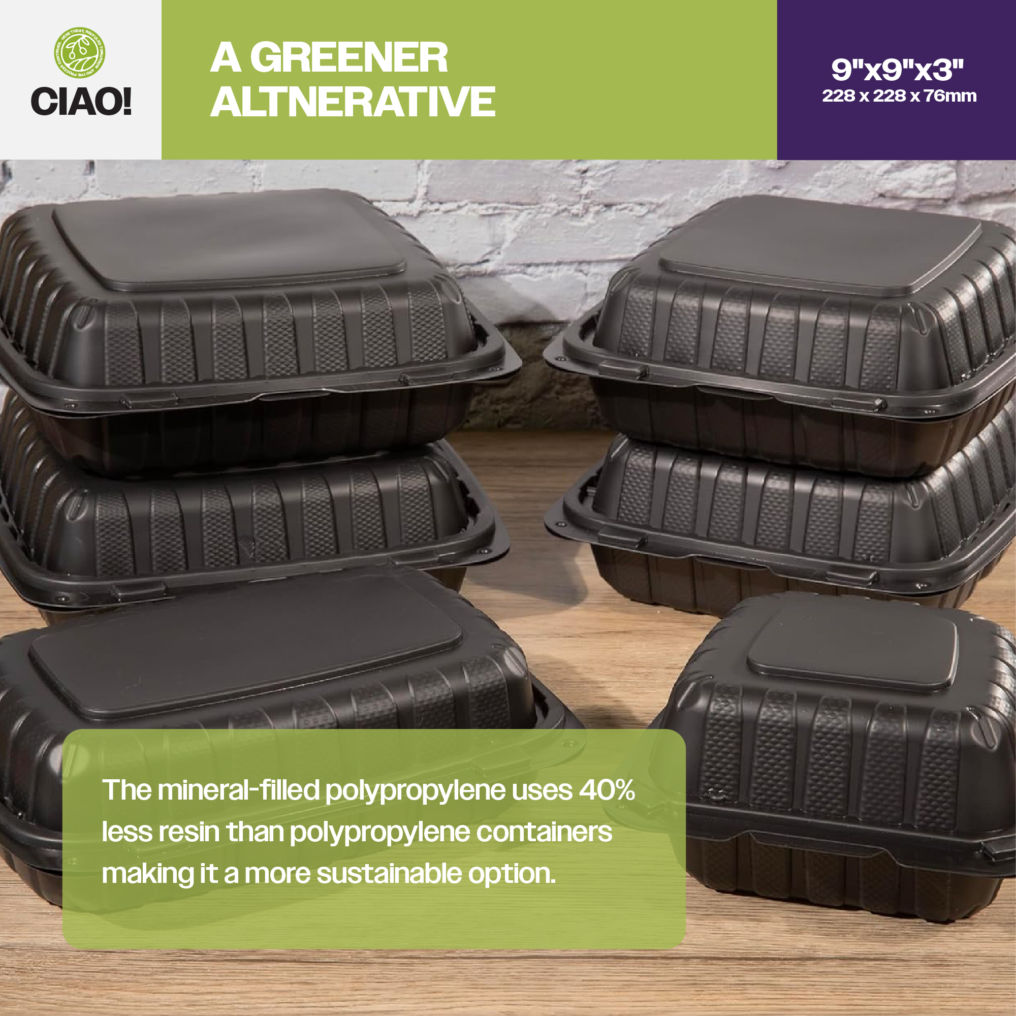 CIAO! 9"x9"x3" MFPP Black Hinged Container With Lid 1 Compartment (Case of 200) - Image 6