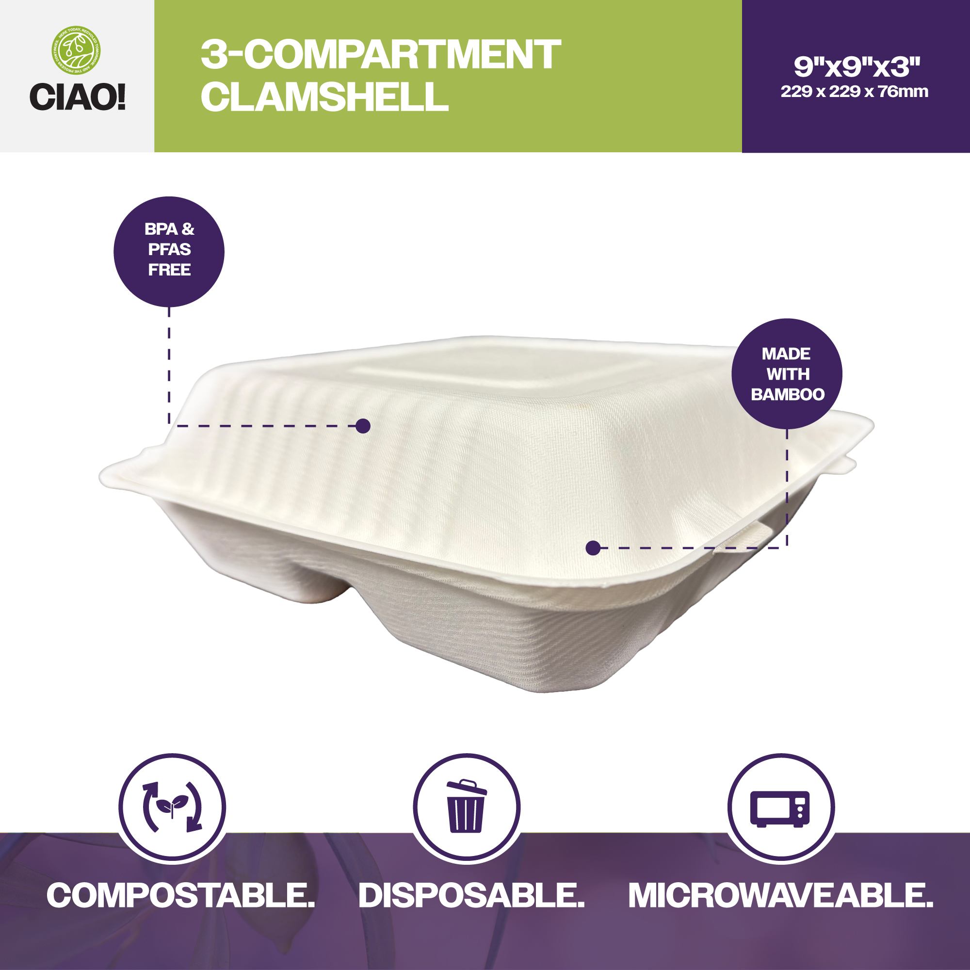 CIAO! 9"x9"x3" Clamshell 3 Compartment 100% Compostable Ecofriendly PFAS Free Unbleached Bagasse Natural White (200/case) - Image 3