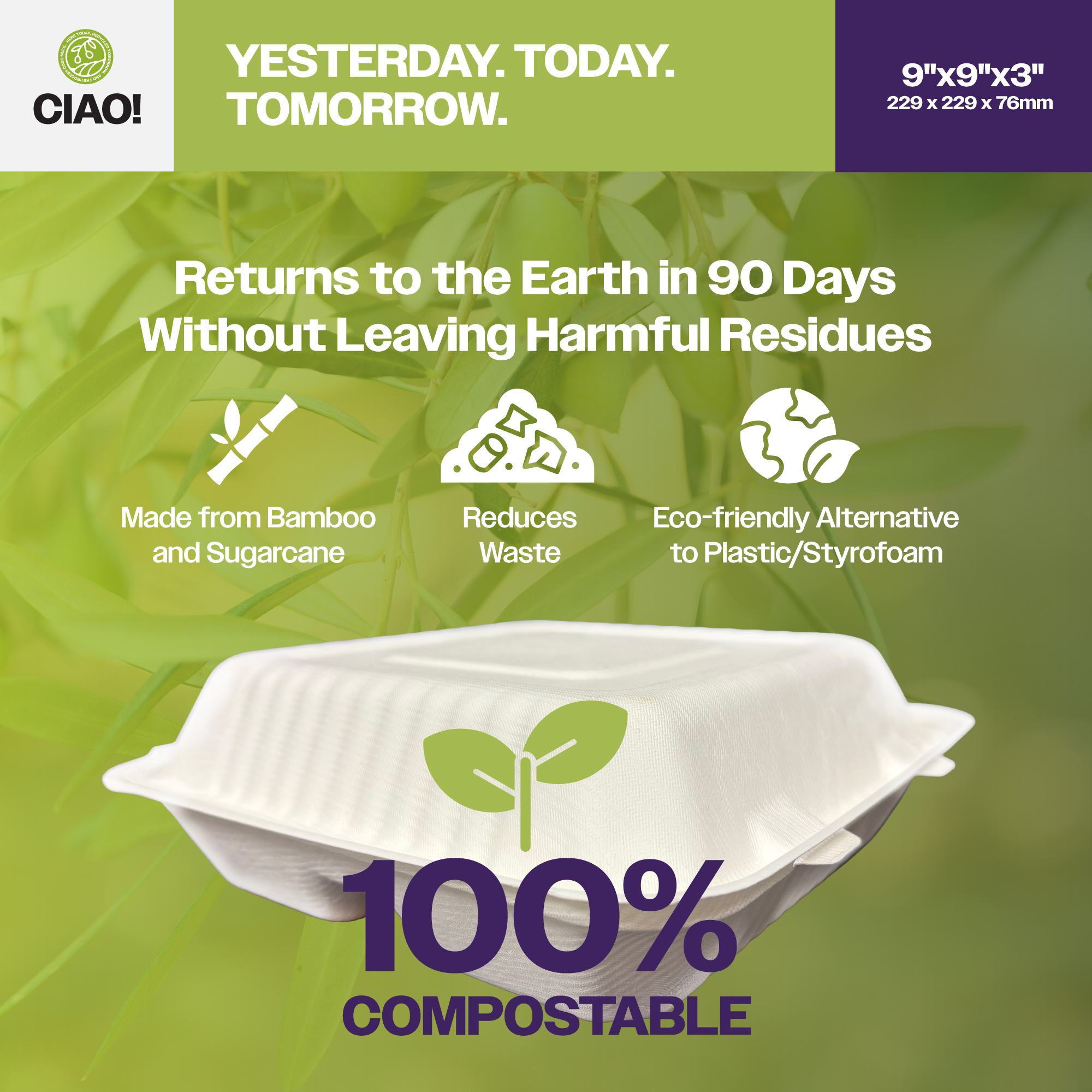 CIAO! 9"x9"x3" Clamshell 3 Compartment 100% Compostable Ecofriendly PFAS Free Unbleached Bagasse Natural White (200/case) - Image 4