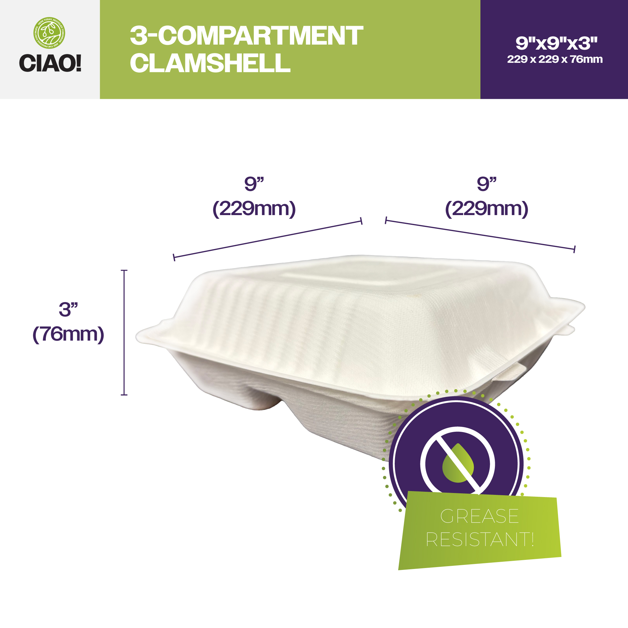 CIAO! 9"x9"x3" Clamshell 3 Compartment 100% Compostable Ecofriendly PFAS Free Unbleached Bagasse Natural White (200/case) - Image 2