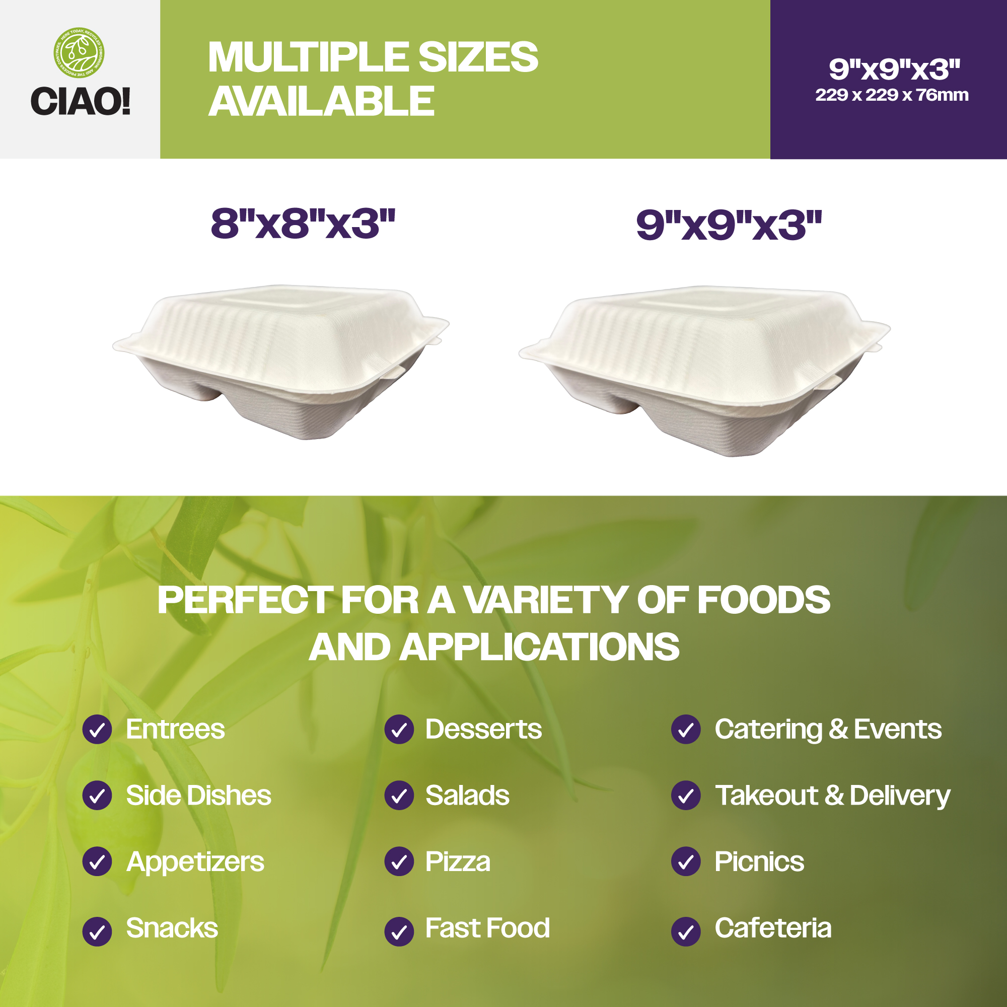 CIAO! 9"x9"x3" Clamshell 3 Compartment 100% Compostable Ecofriendly PFAS Free Unbleached Bagasse Natural White (200/case) - Image 5