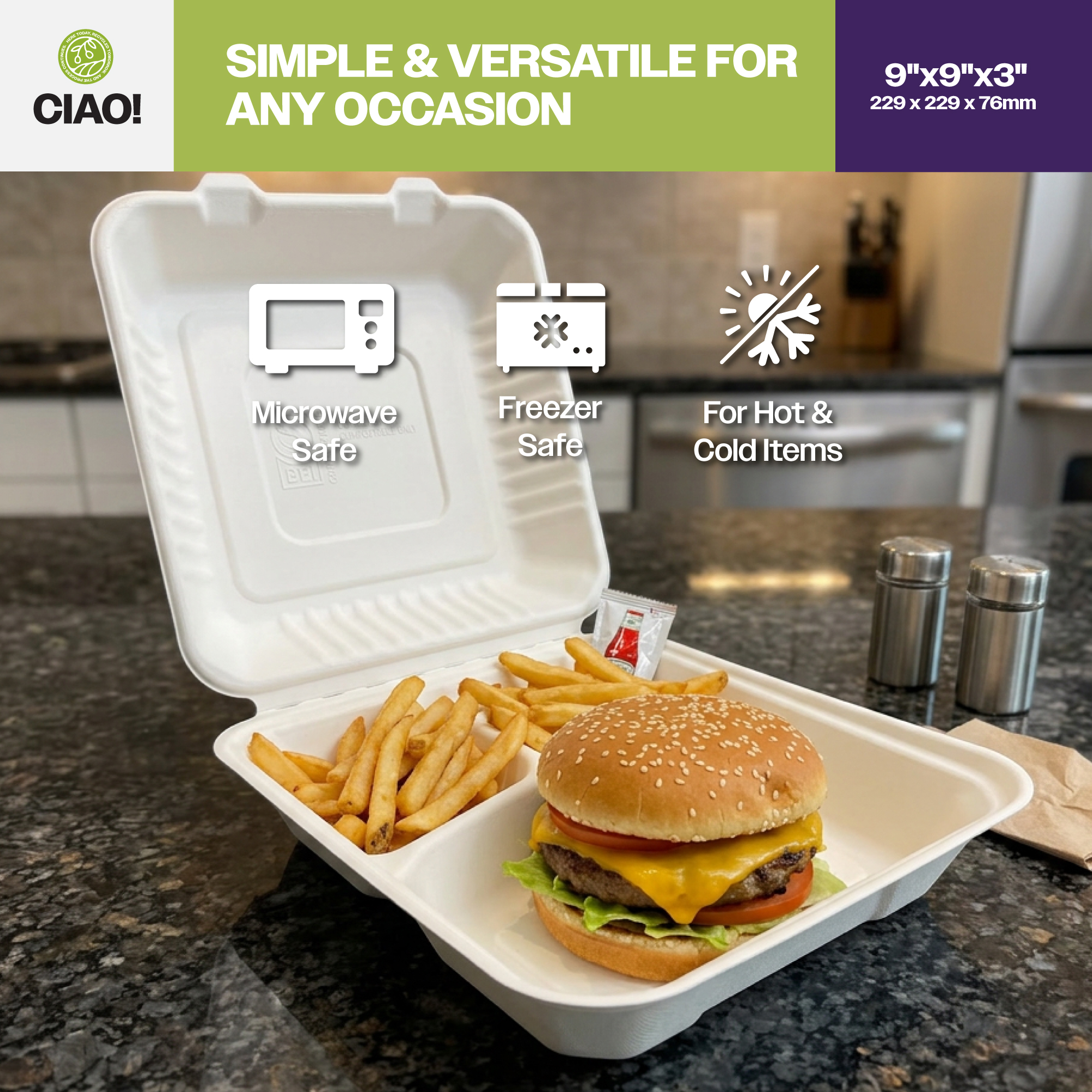 CIAO! 9"x9"x3" Clamshell 3 Compartment 100% Compostable Ecofriendly PFAS Free Unbleached Bagasse Natural White (200/case) - Image 7