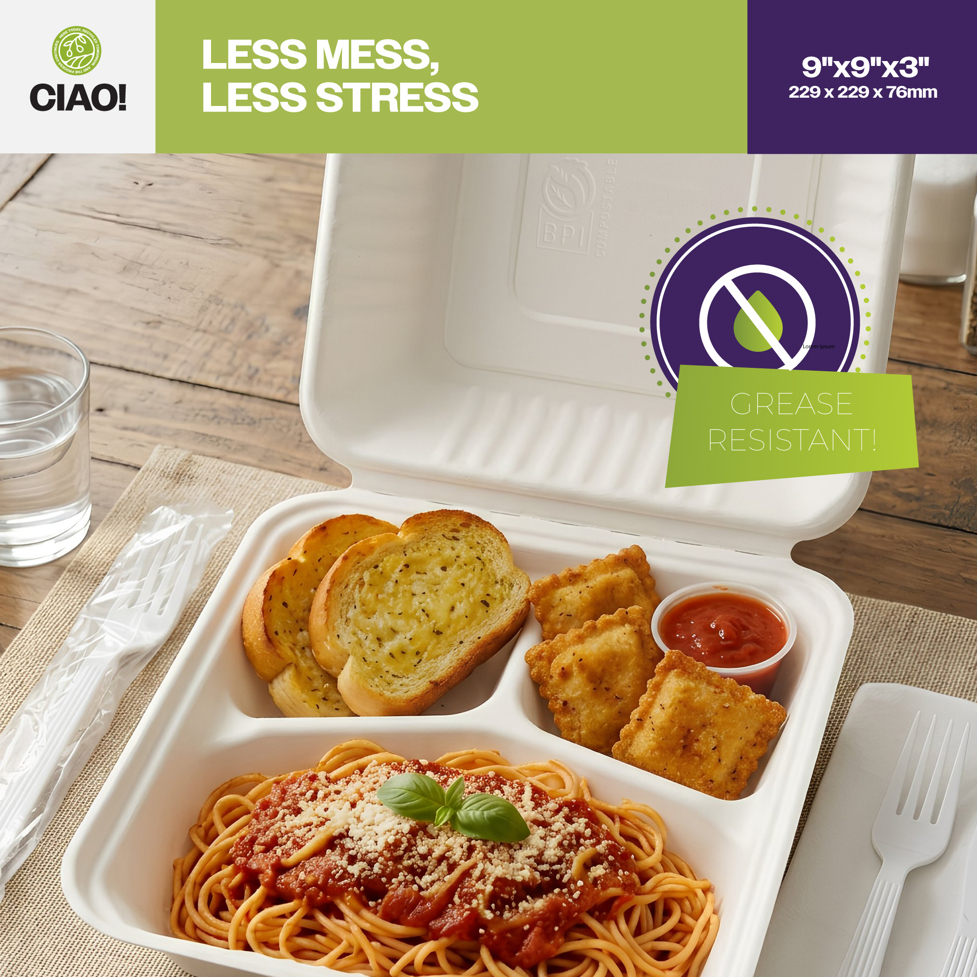 CIAO! 9"x9"x3" Clamshell 3 Compartment 100% Compostable Ecofriendly PFAS Free Unbleached Bagasse Natural White (200/case) - Image 6