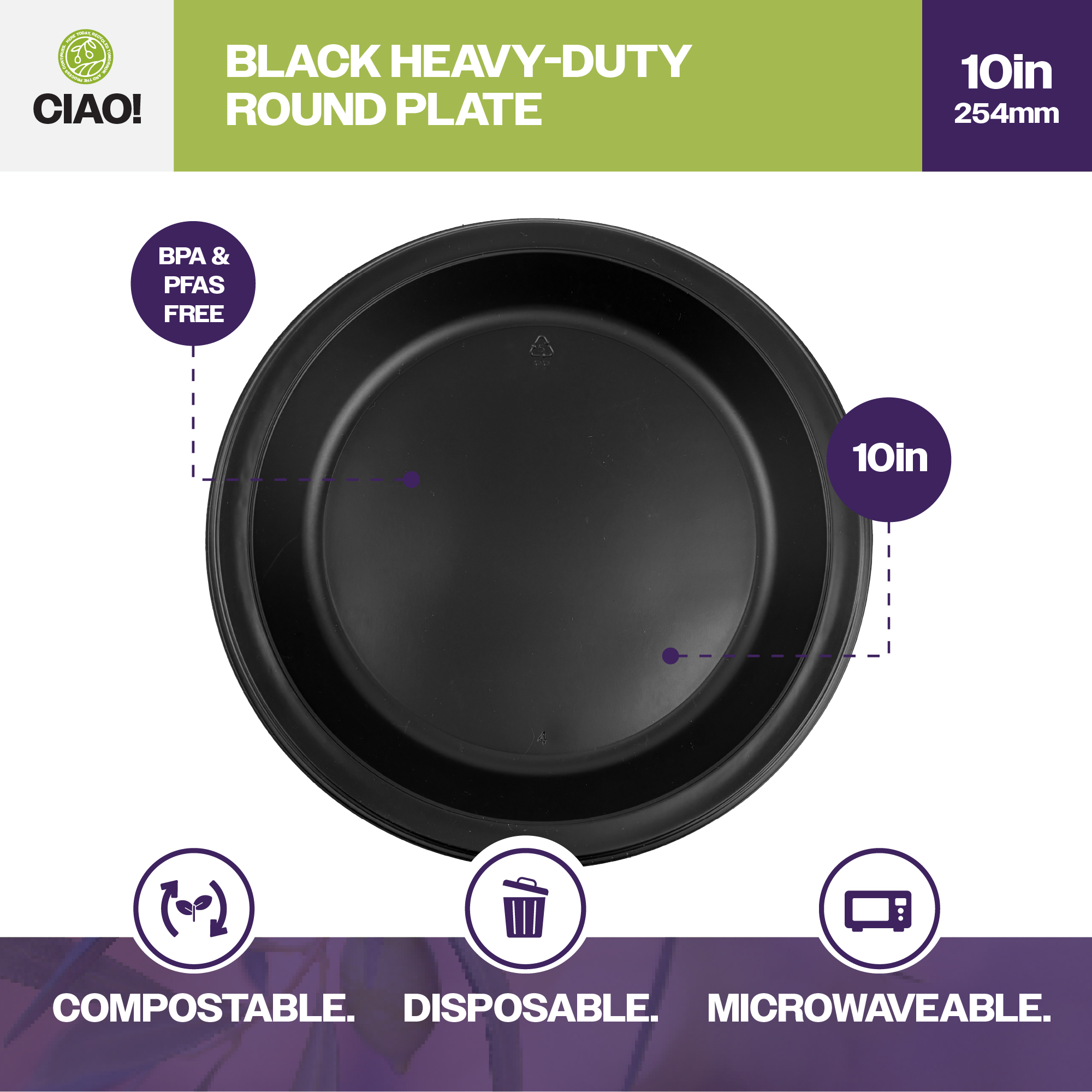 CIAO! 10.25" Black Heavy Weight Plastic Plate (Case of 400) - Image 3