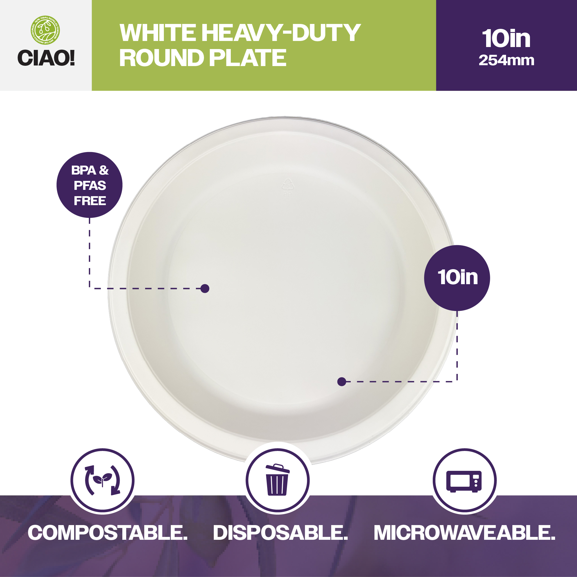 CIAO! 10.25" White Heavy Weight Plastic Plate (Case of 400) - Image 3
