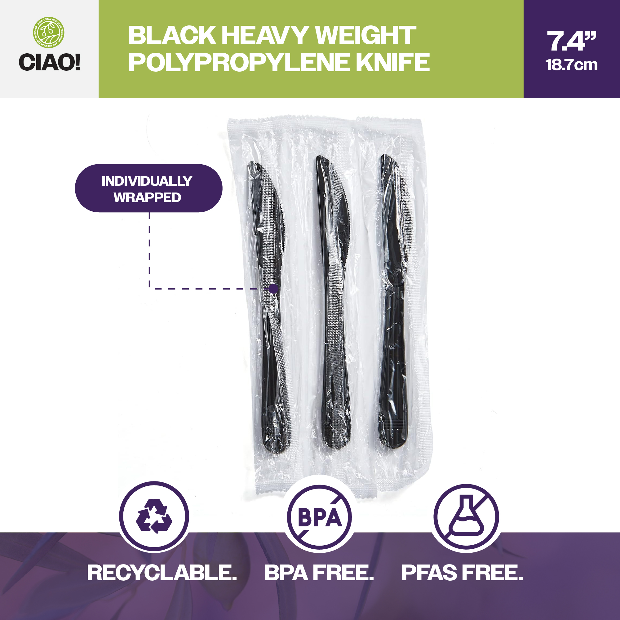CIAO! Heavy Weight Black Polypropylene Knife Individually Wrapped (Case of 1,000) - Image 3