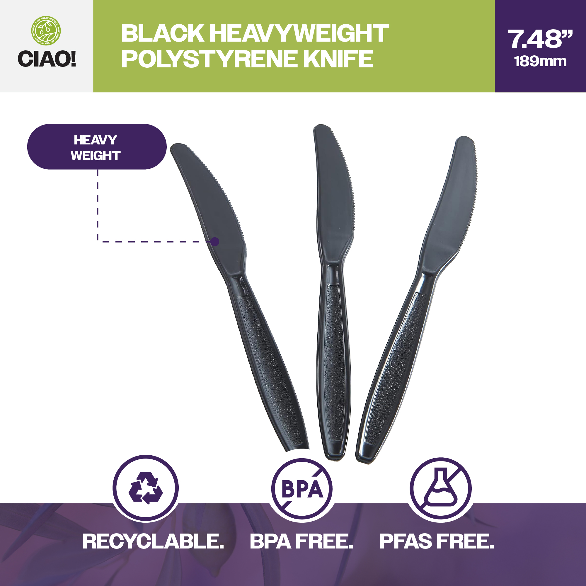 CIAO! Heavy Weight Polystyrene Disposable Knife Black (Case of 1,000) - Image 3