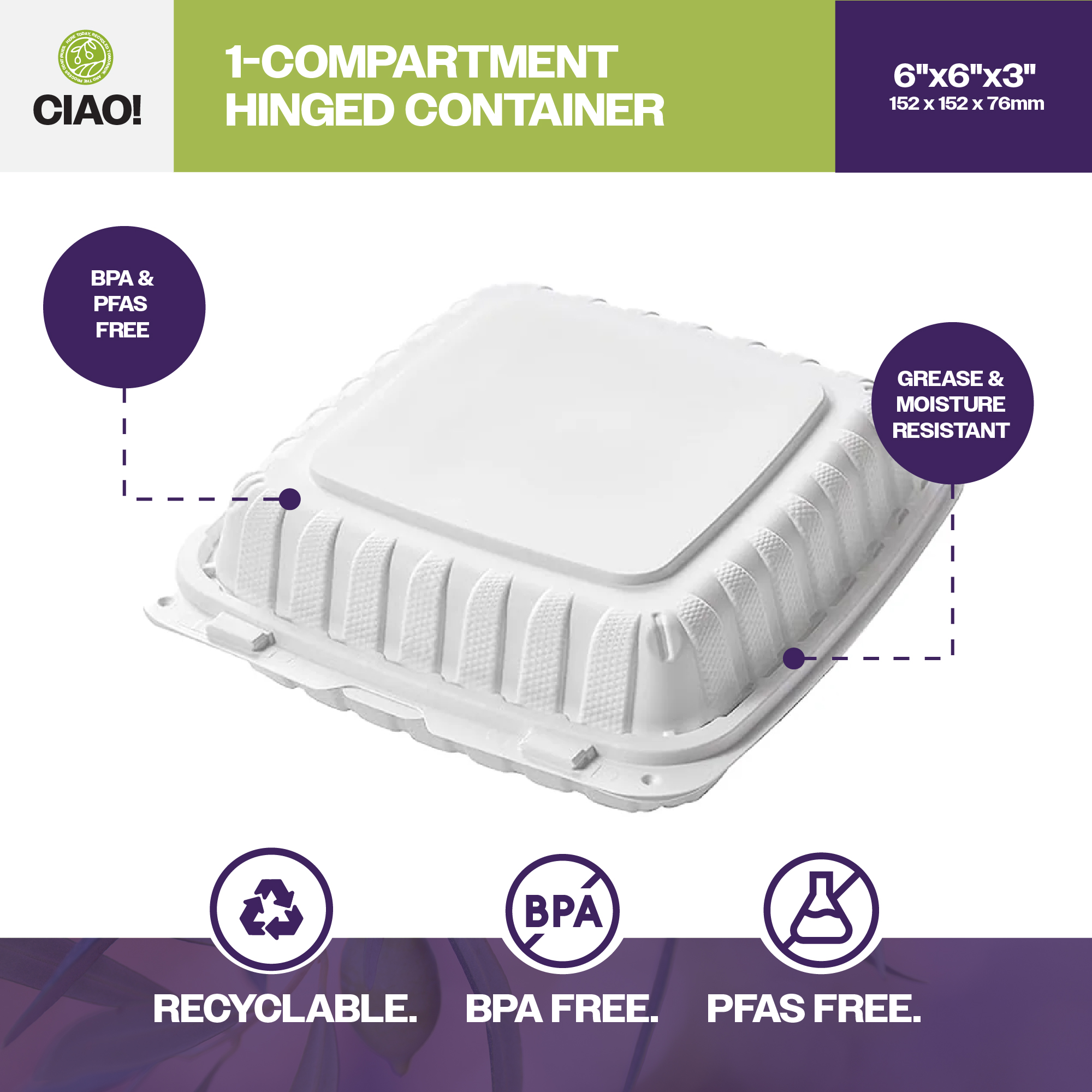 CIAO! 6"x6"x3" MFPP White Hinged Container With Lid 1 Compartment (Case of 300) - Image 3