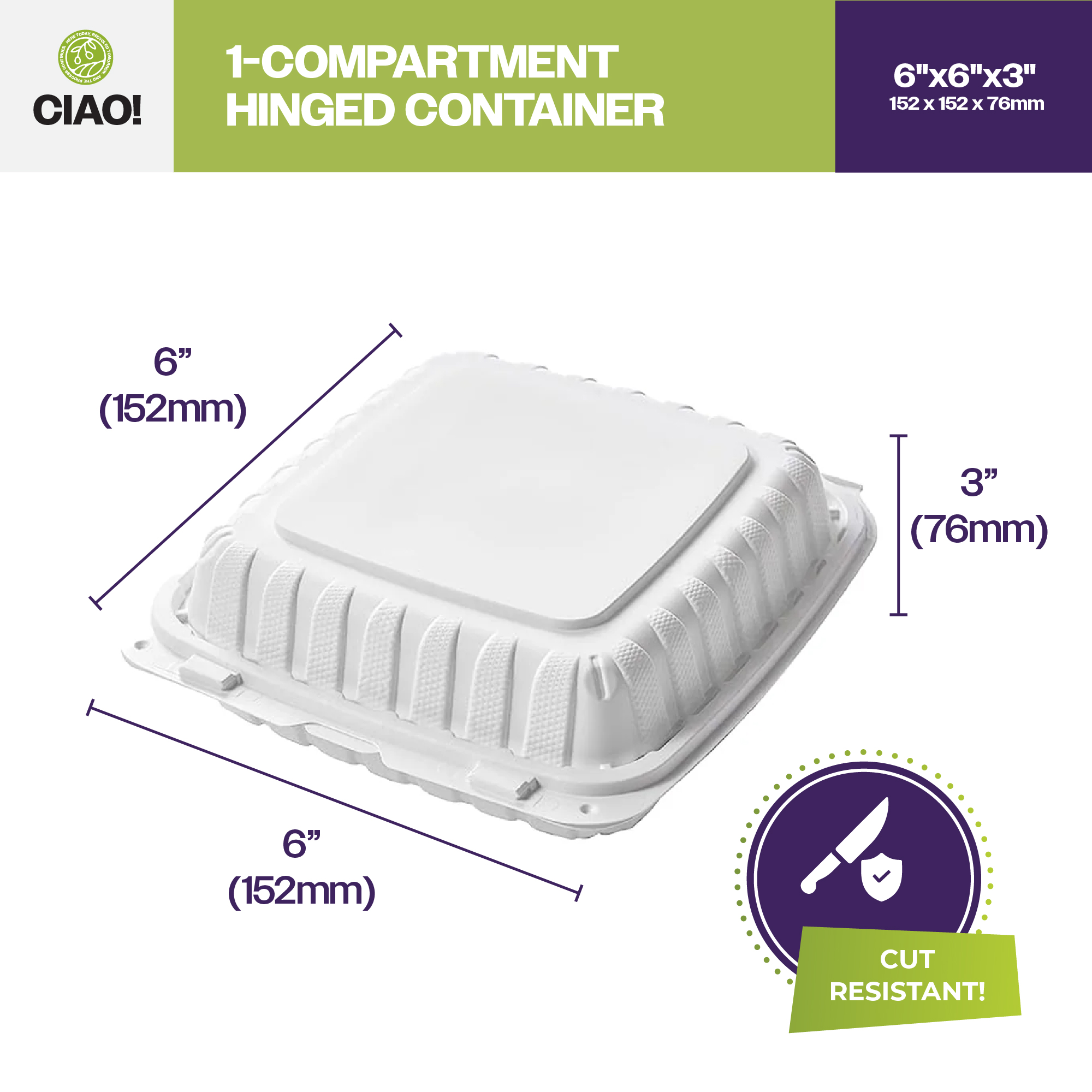 CIAO! 6"x6"x3" MFPP White Hinged Container With Lid 1 Compartment (Case of 300) - Image 2