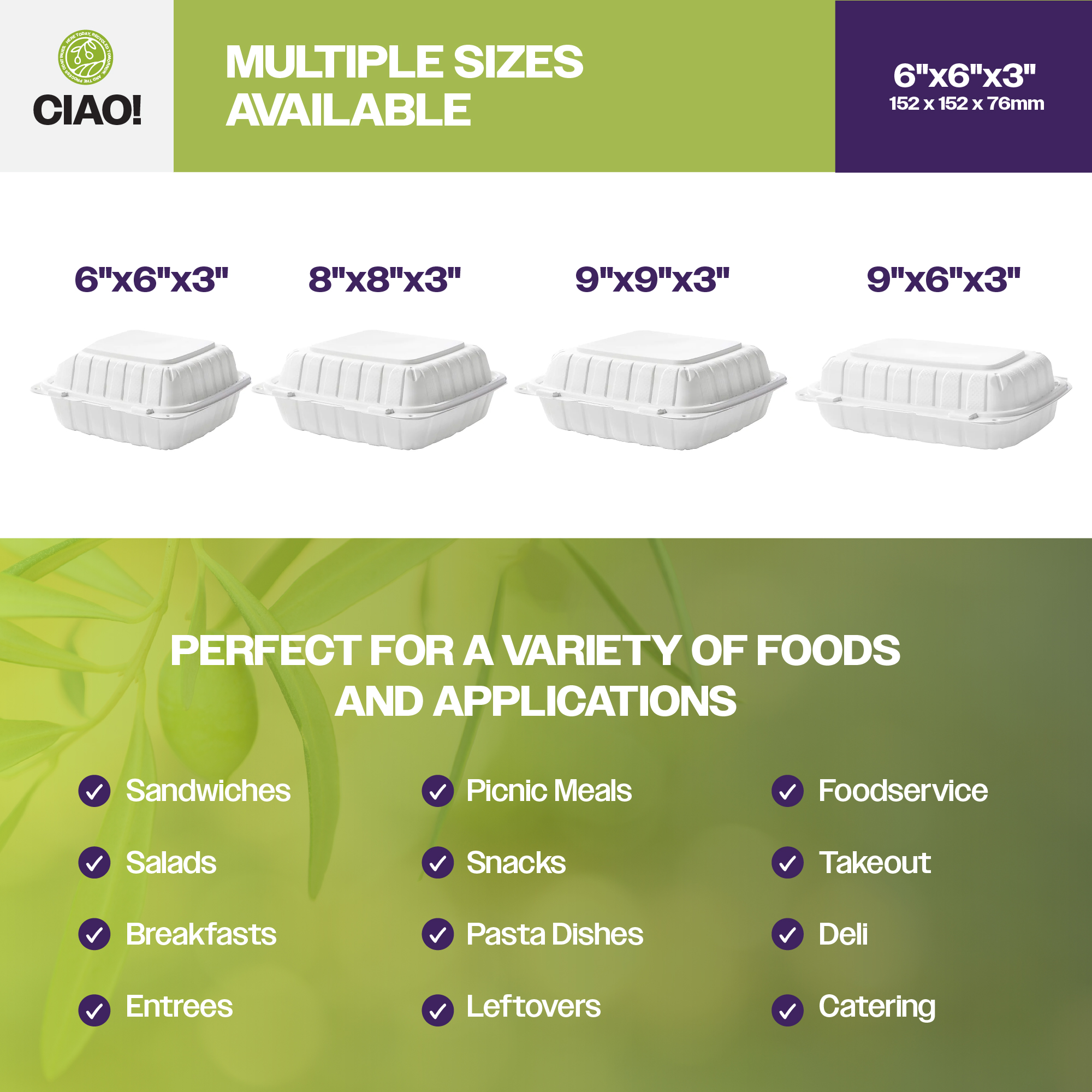CIAO! 6"x6"x3" MFPP White Hinged Container With Lid 1 Compartment (Case of 300) - Image 5