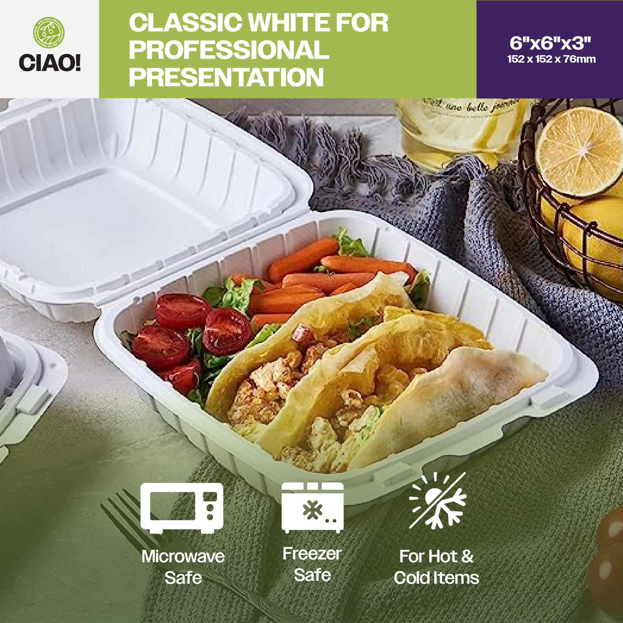 CIAO! 6"x6"x3" MFPP White Hinged Container With Lid 1 Compartment (Case of 300) - Image 7