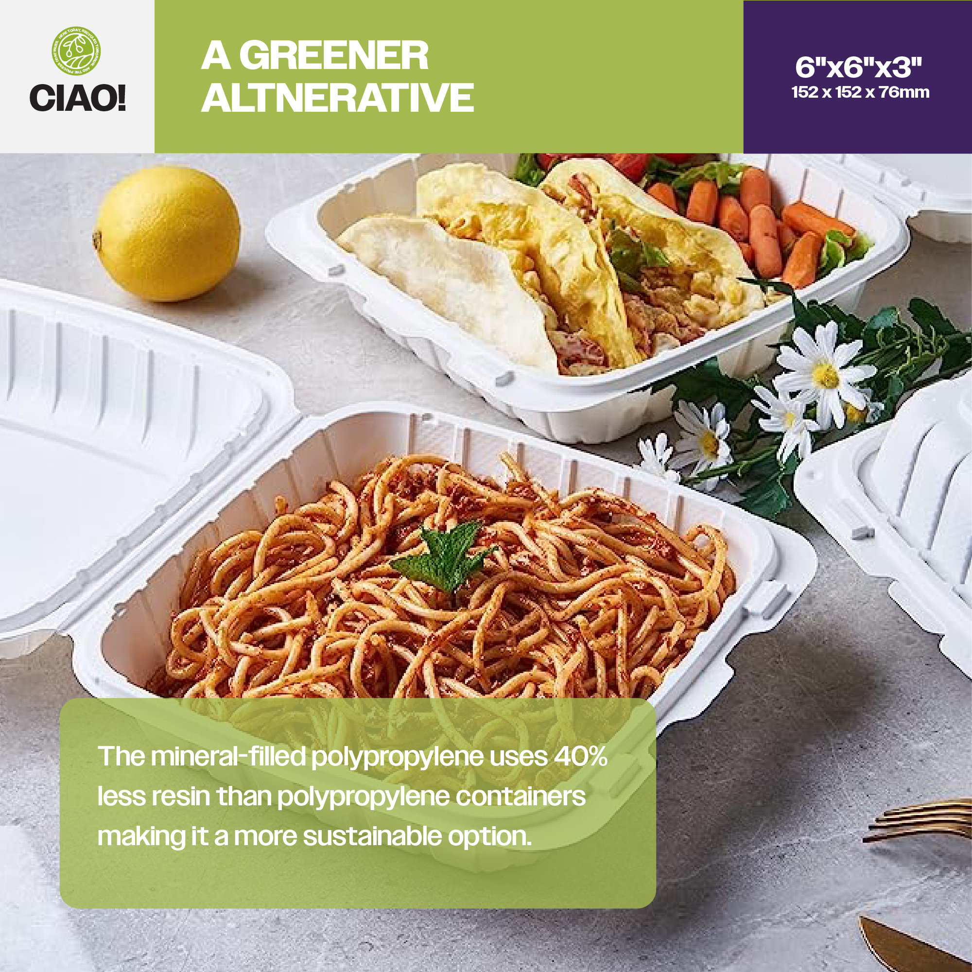 CIAO! 6"x6"x3" MFPP White Hinged Container With Lid 1 Compartment (Case of 300) - Image 6