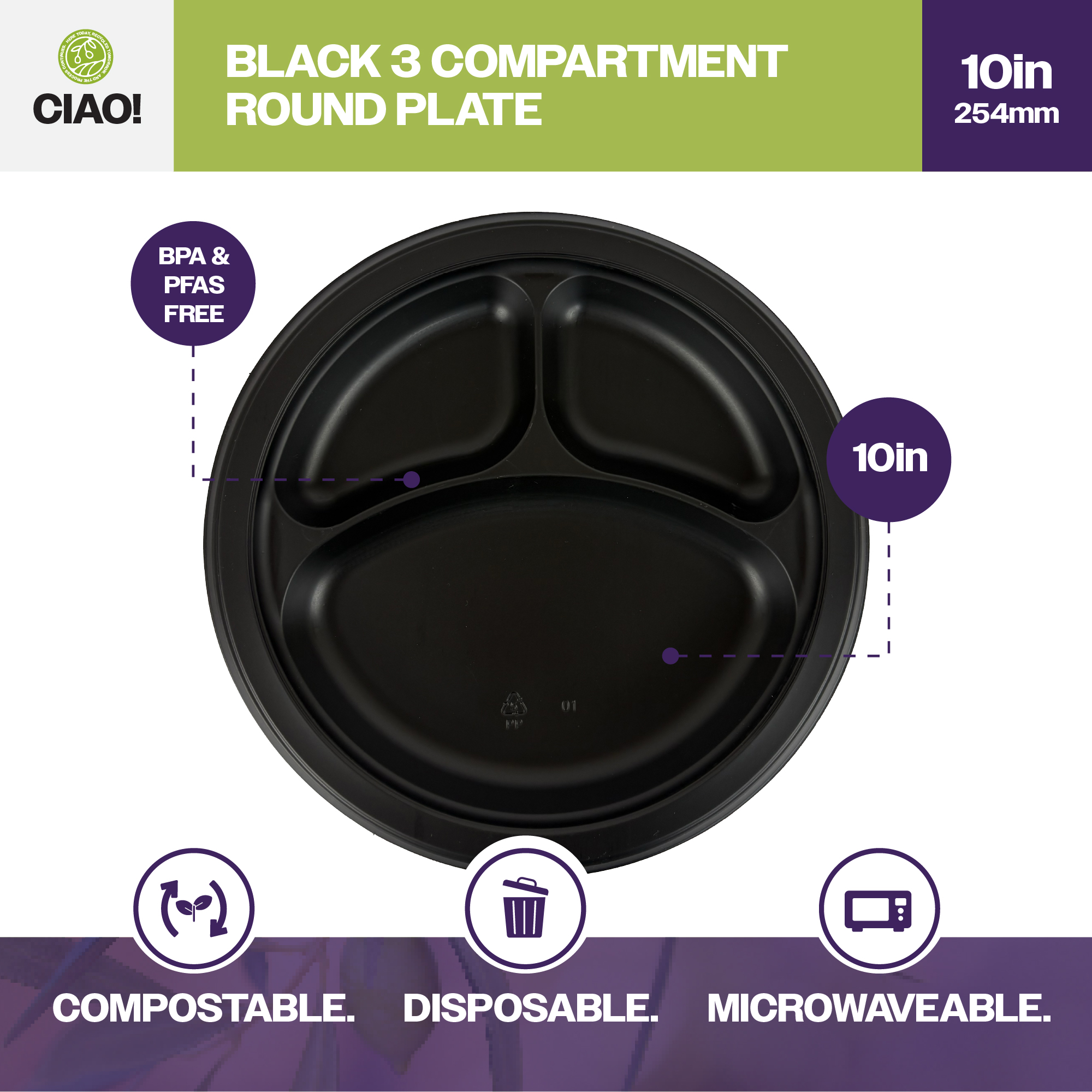 CIAO! 10" MFPP 3 Compartment Heavy Weight Plastic Plate Black (Case of 400) - Image 3