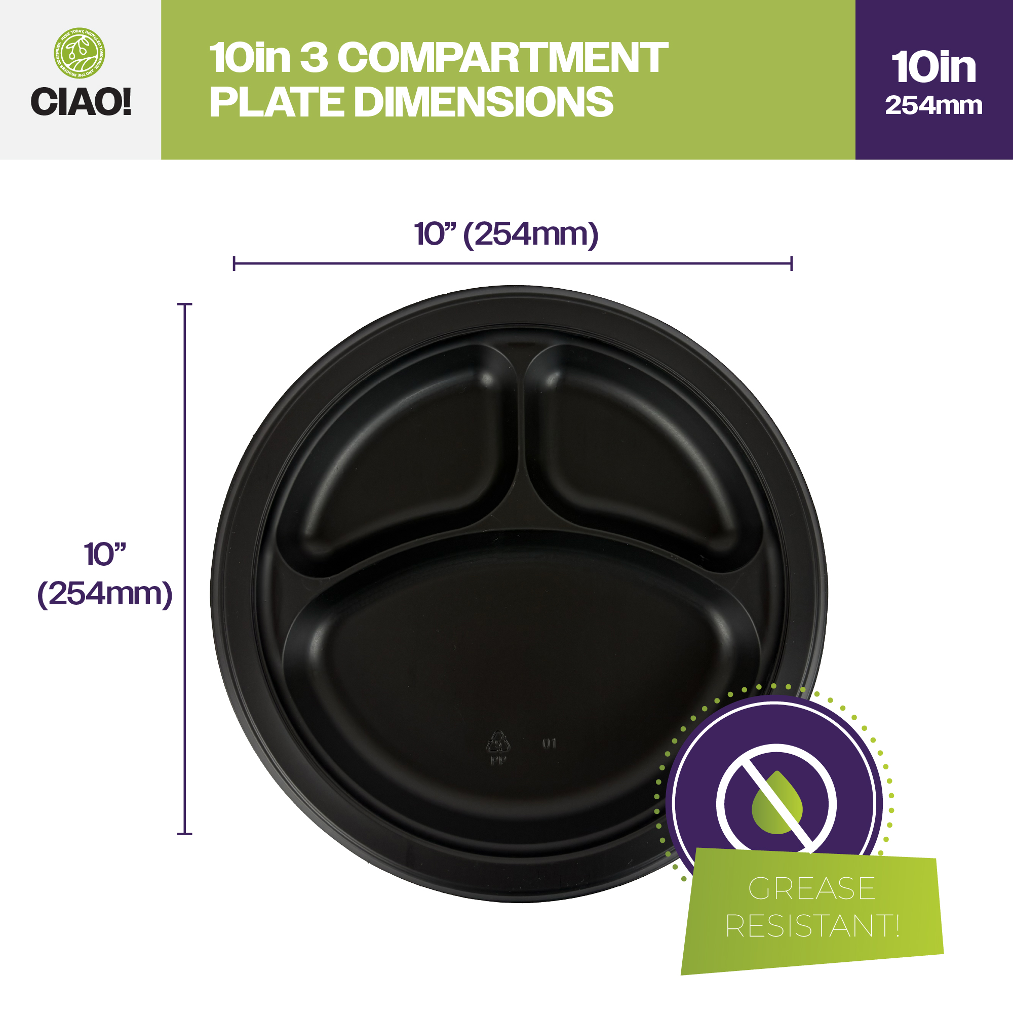 CIAO! 10" MFPP 3 Compartment Heavy Weight Plastic Plate Black (Case of 400) - Image 2