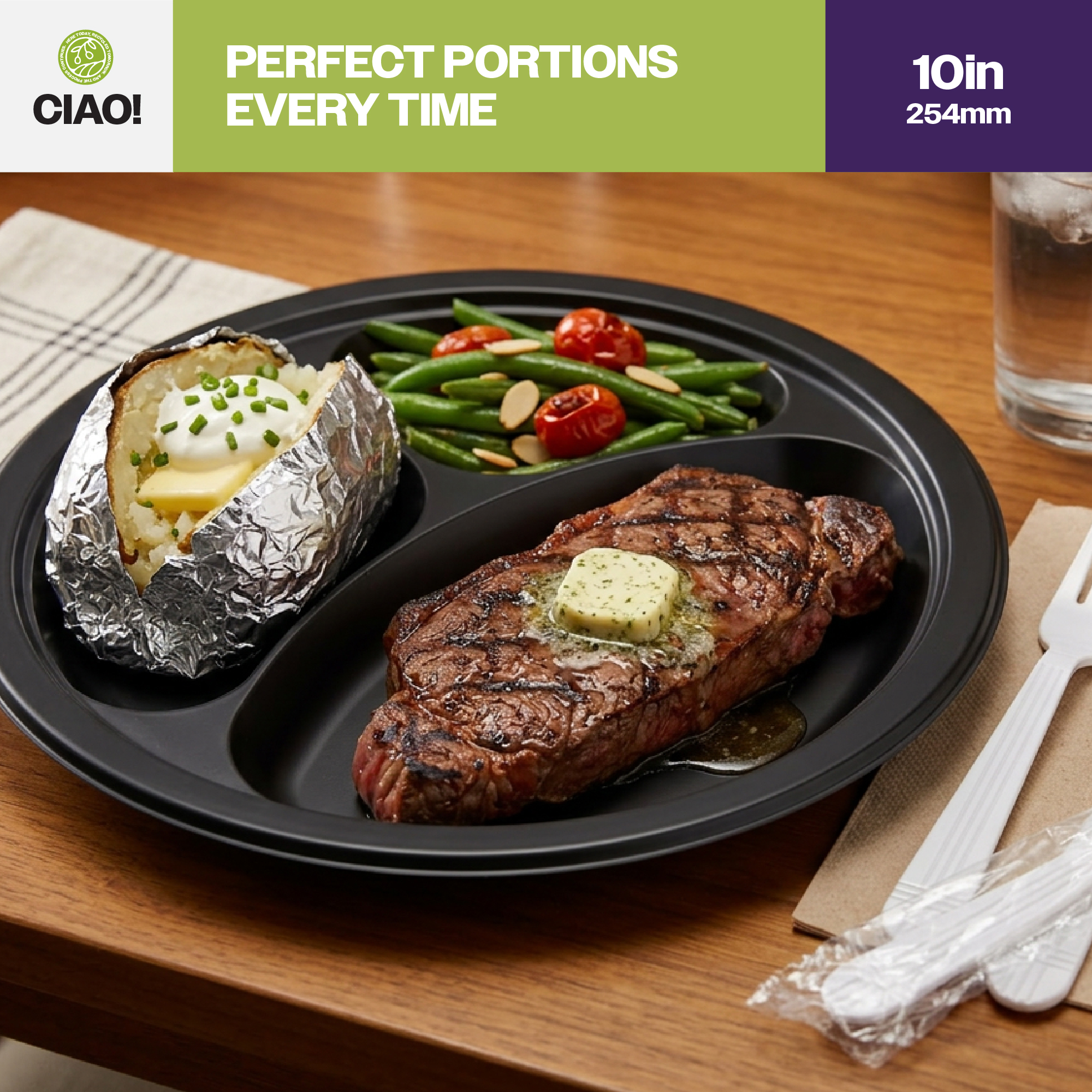CIAO! 10" MFPP 3 Compartment Heavy Weight Plastic Plate Black (Case of 400) - Image 4