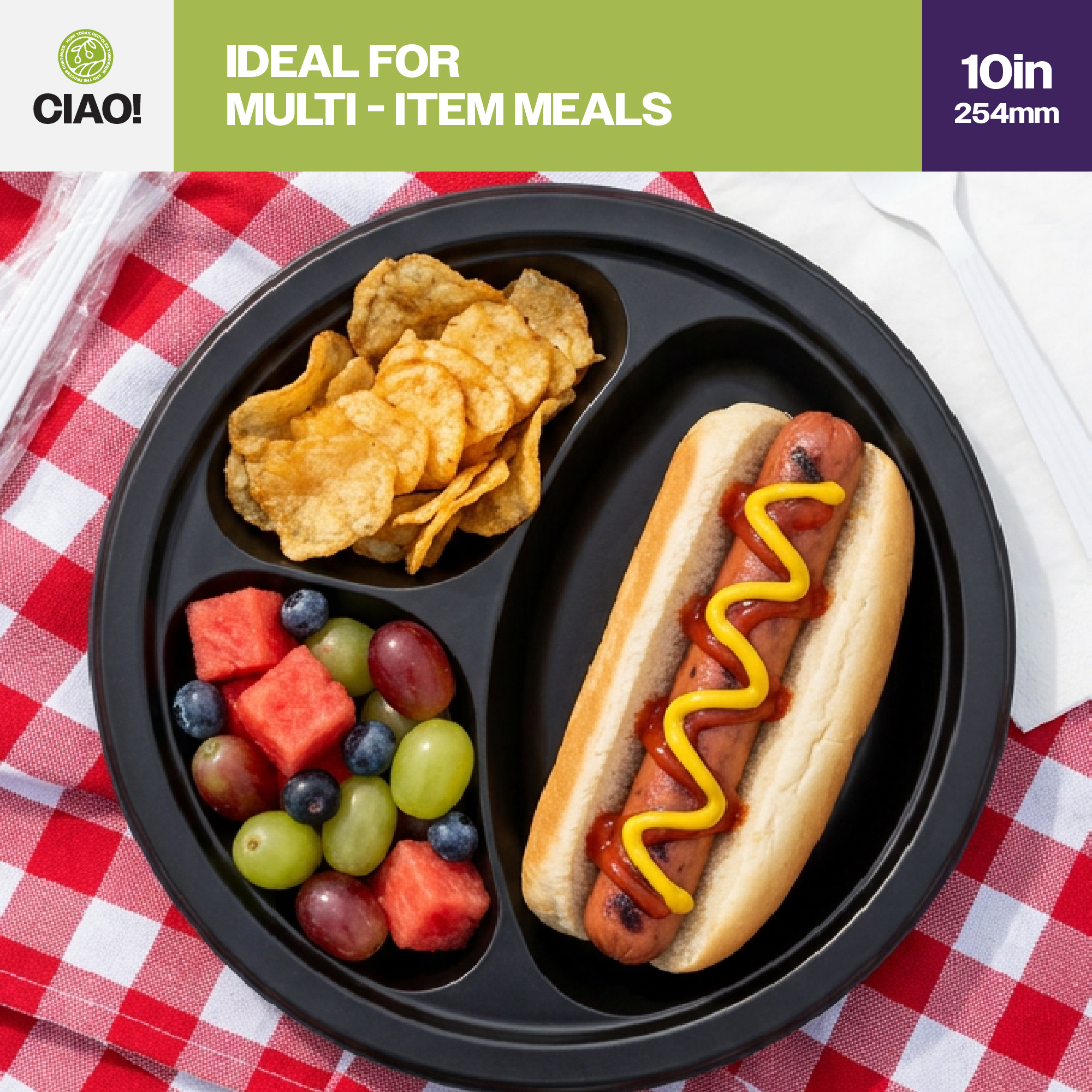 CIAO! 10" MFPP 3 Compartment Heavy Weight Plastic Plate Black (Case of 400) - Image 5