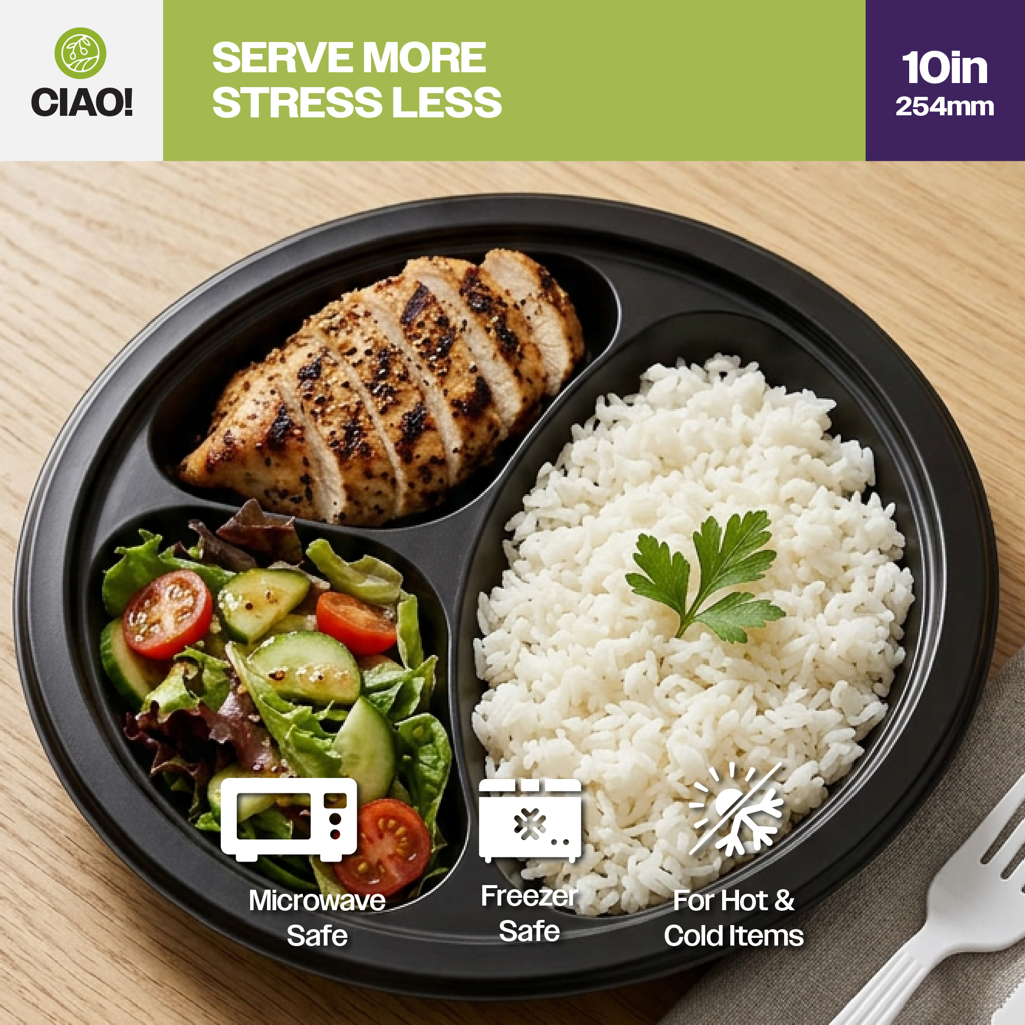 CIAO! 10" MFPP 3 Compartment Heavy Weight Plastic Plate Black (Case of 400) - Image 6