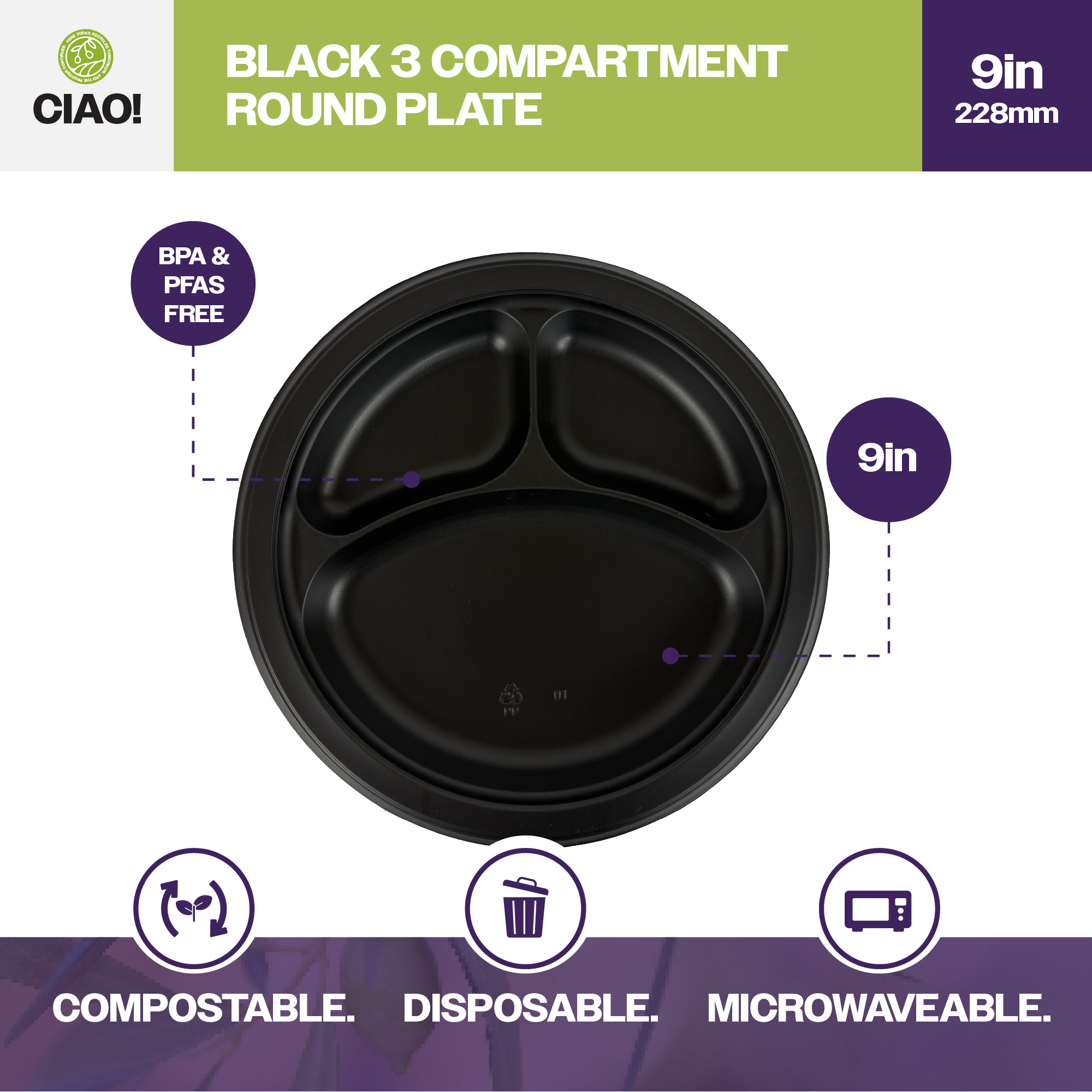 CIAO! 9" MFPP 3 Compartment Heavy Weight Plastic Plate Black (Case of 400) - Image 3