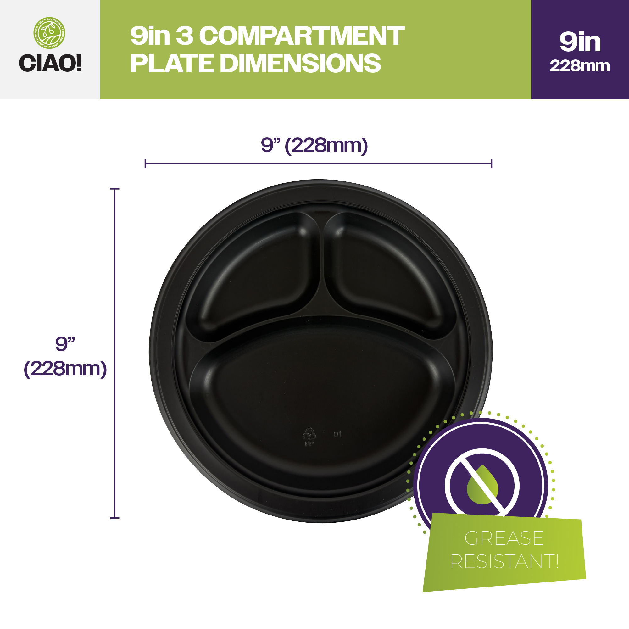 CIAO! 9" MFPP 3 Compartment Heavy Weight Plastic Plate Black (Case of 400) - Image 2