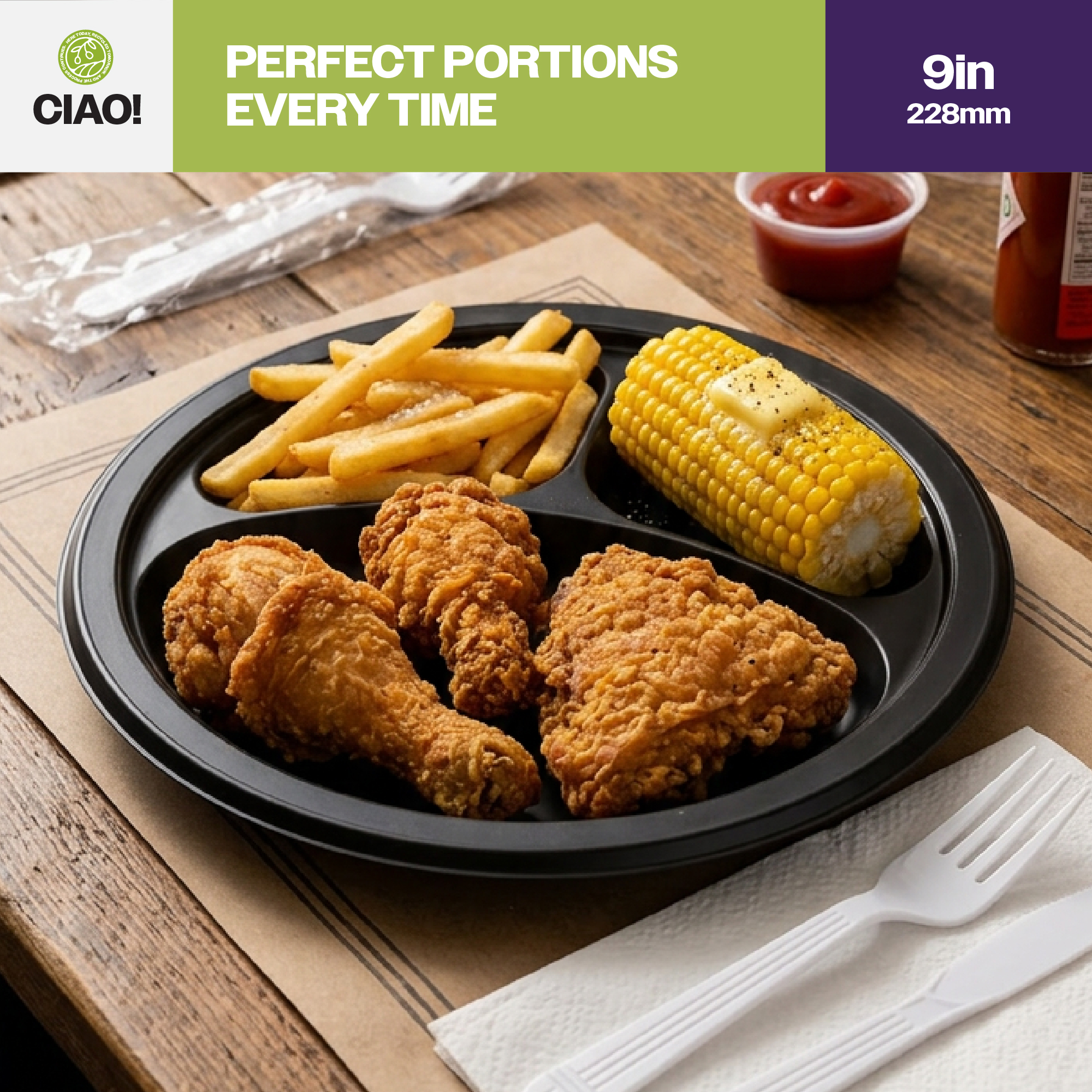 CIAO! 9" MFPP 3 Compartment Heavy Weight Plastic Plate Black (Case of 400) - Image 4