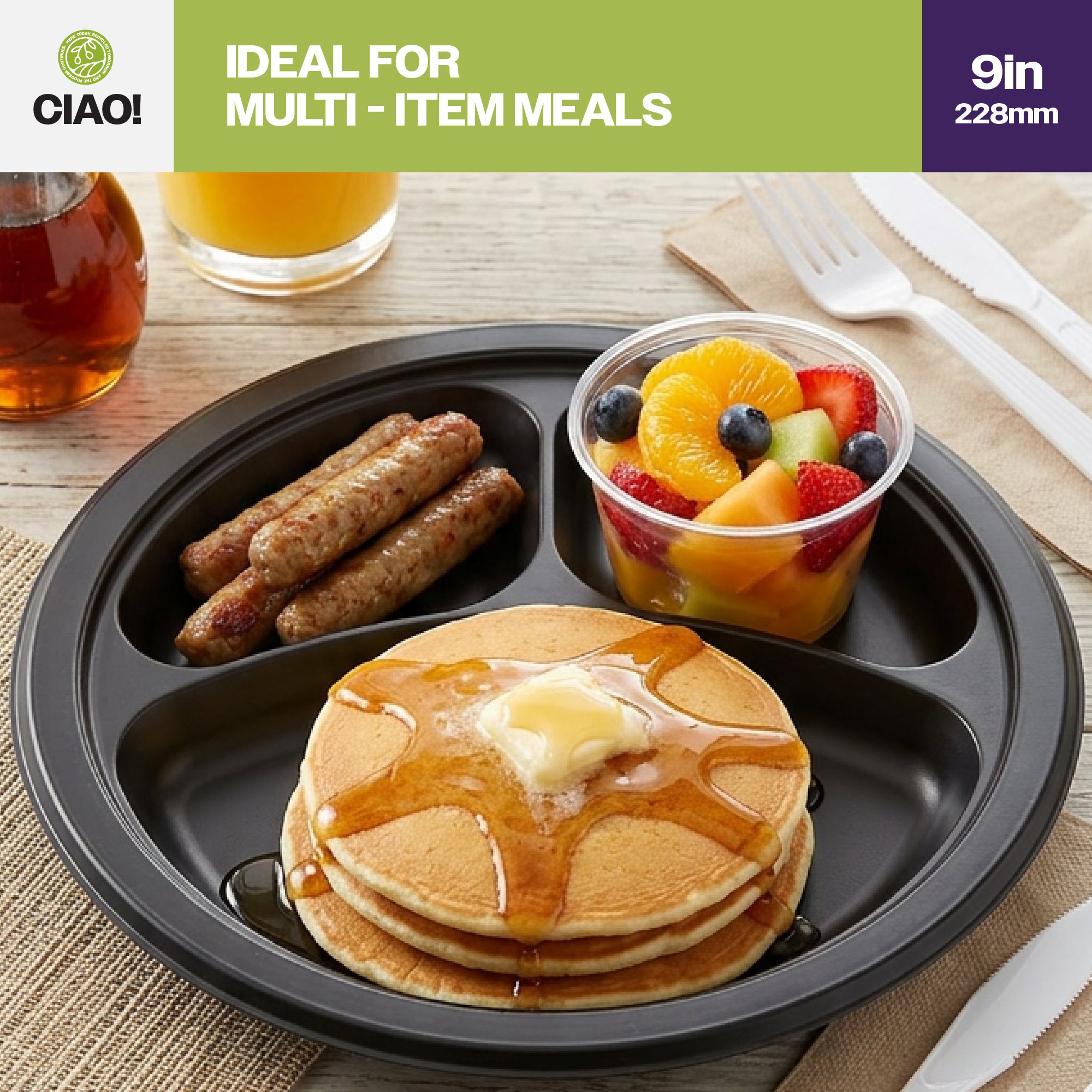 CIAO! 9" MFPP 3 Compartment Heavy Weight Plastic Plate Black (Case of 400) - Image 5