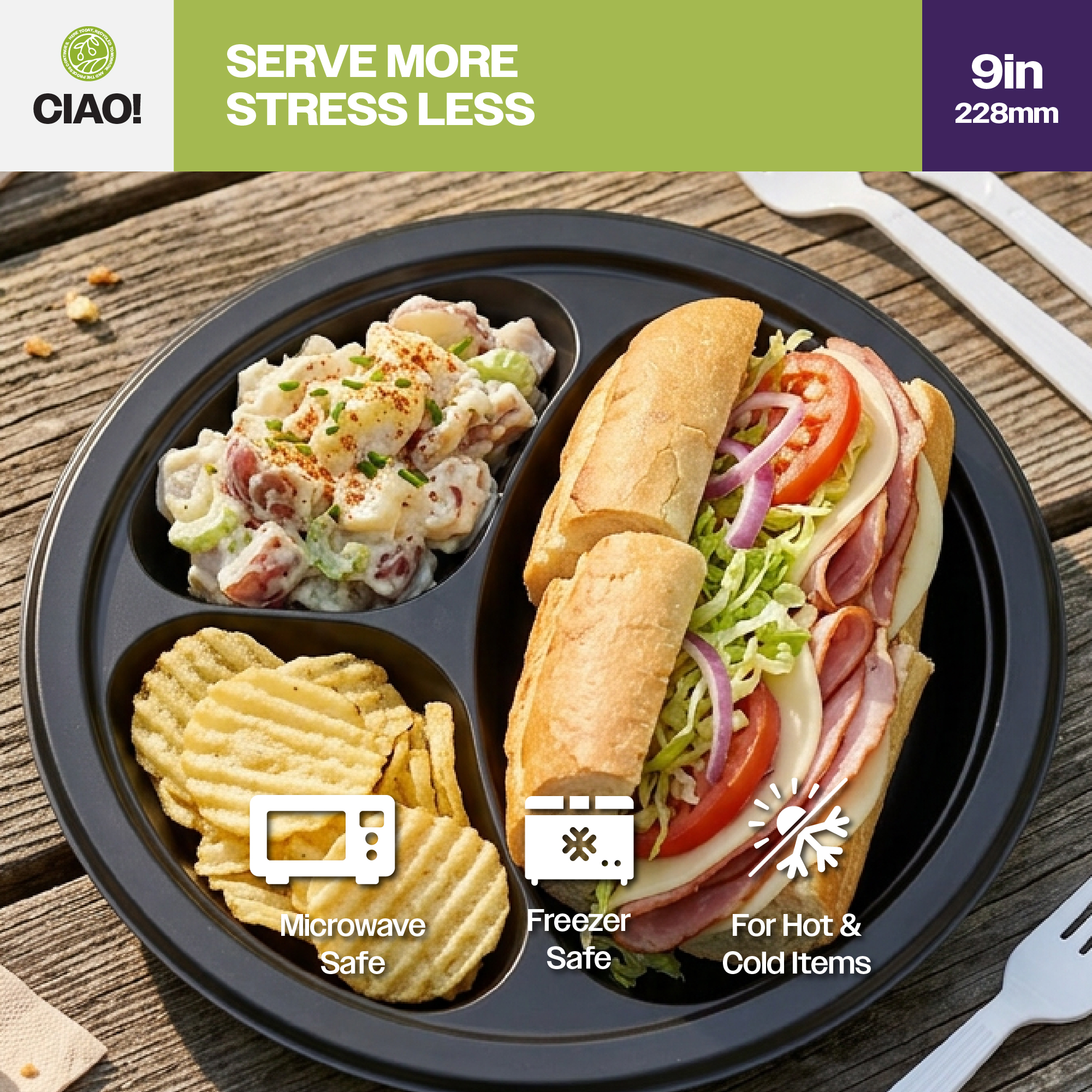 CIAO! 9" MFPP 3 Compartment Heavy Weight Plastic Plate Black (Case of 400) - Image 6