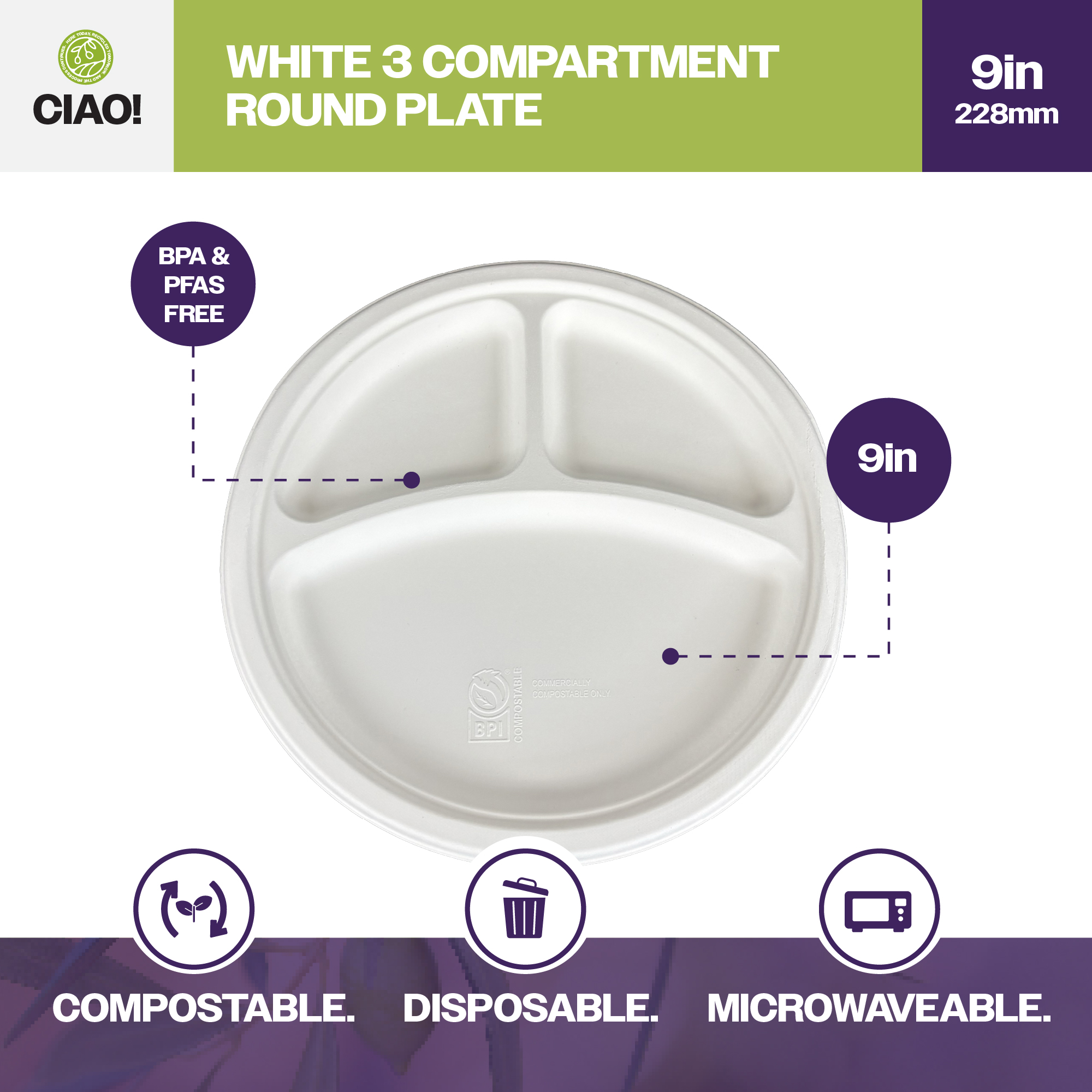 CIAO! 9" MFPP 3 Compartment Heavy Weight Plastic Plate White (Case of 400) - Image 3
