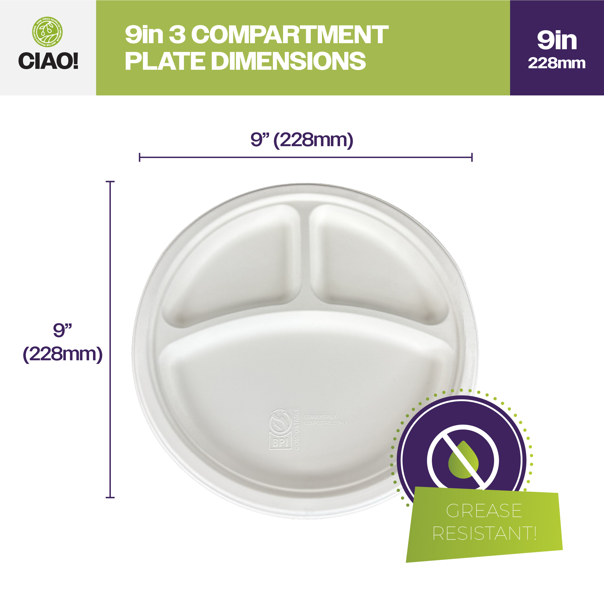 CIAO! 9" MFPP 3 Compartment Heavy Weight Plastic Plate White (Case of 400) - Image 2