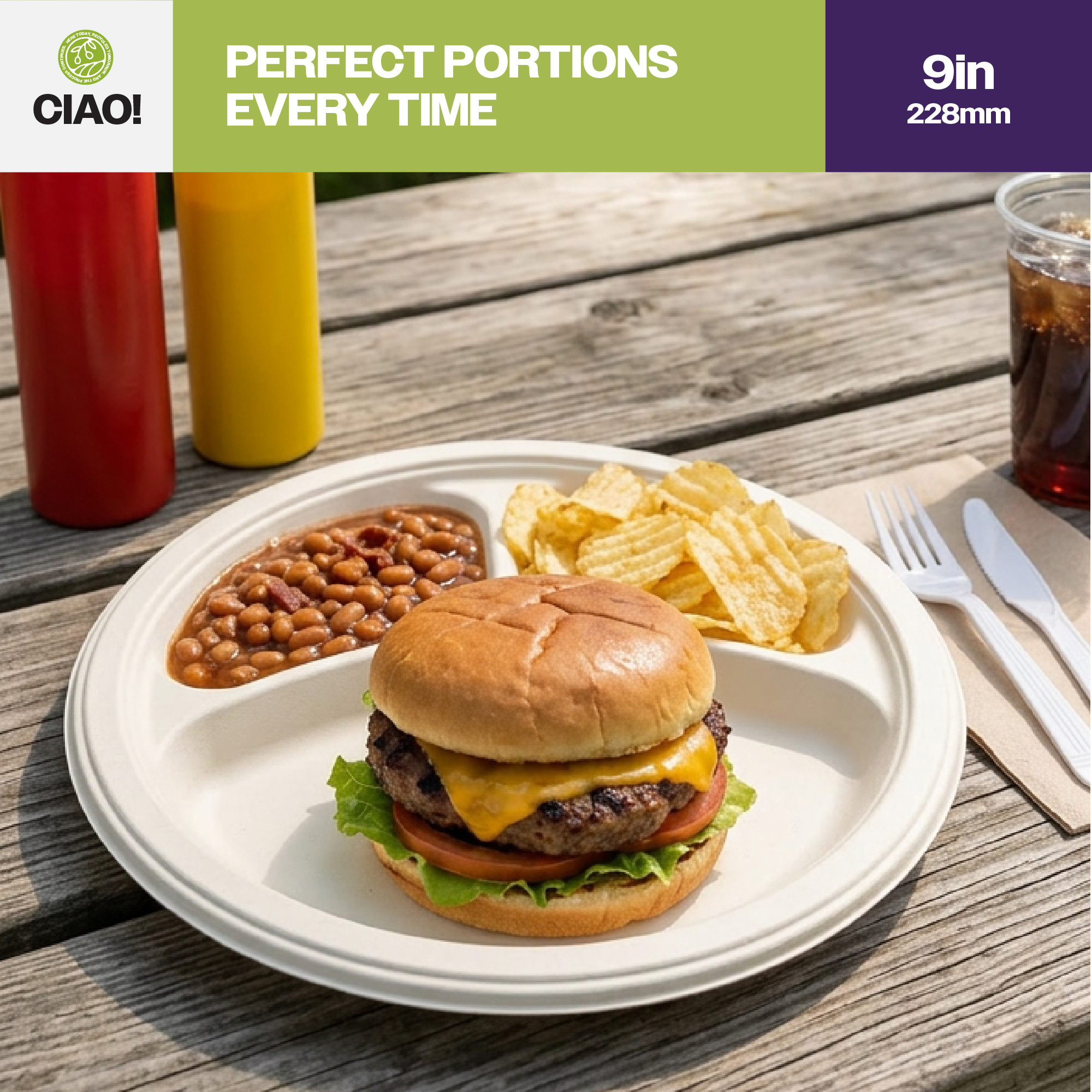 CIAO! 9" MFPP 3 Compartment Heavy Weight Plastic Plate White (Case of 400) - Image 4