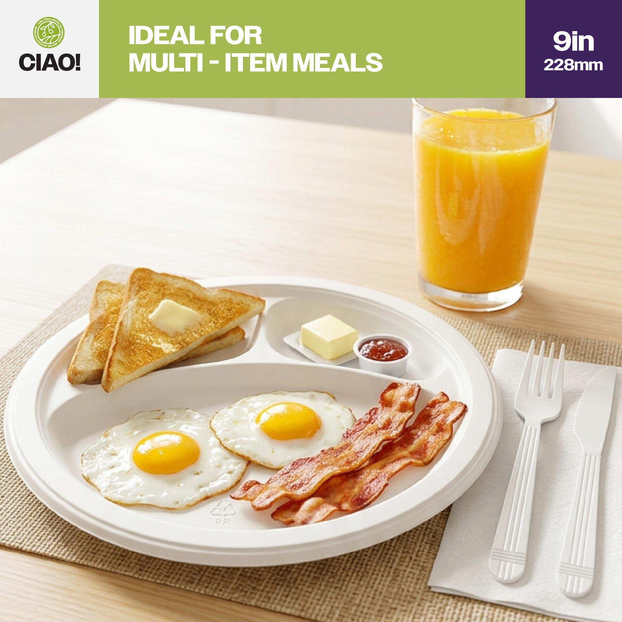 CIAO! 9" MFPP 3 Compartment Heavy Weight Plastic Plate White (Case of 400) - Image 5